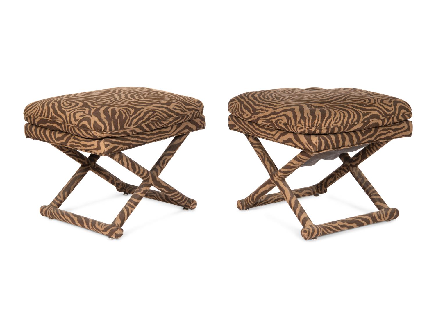 A Pair of Upholstered X-Frame Stools