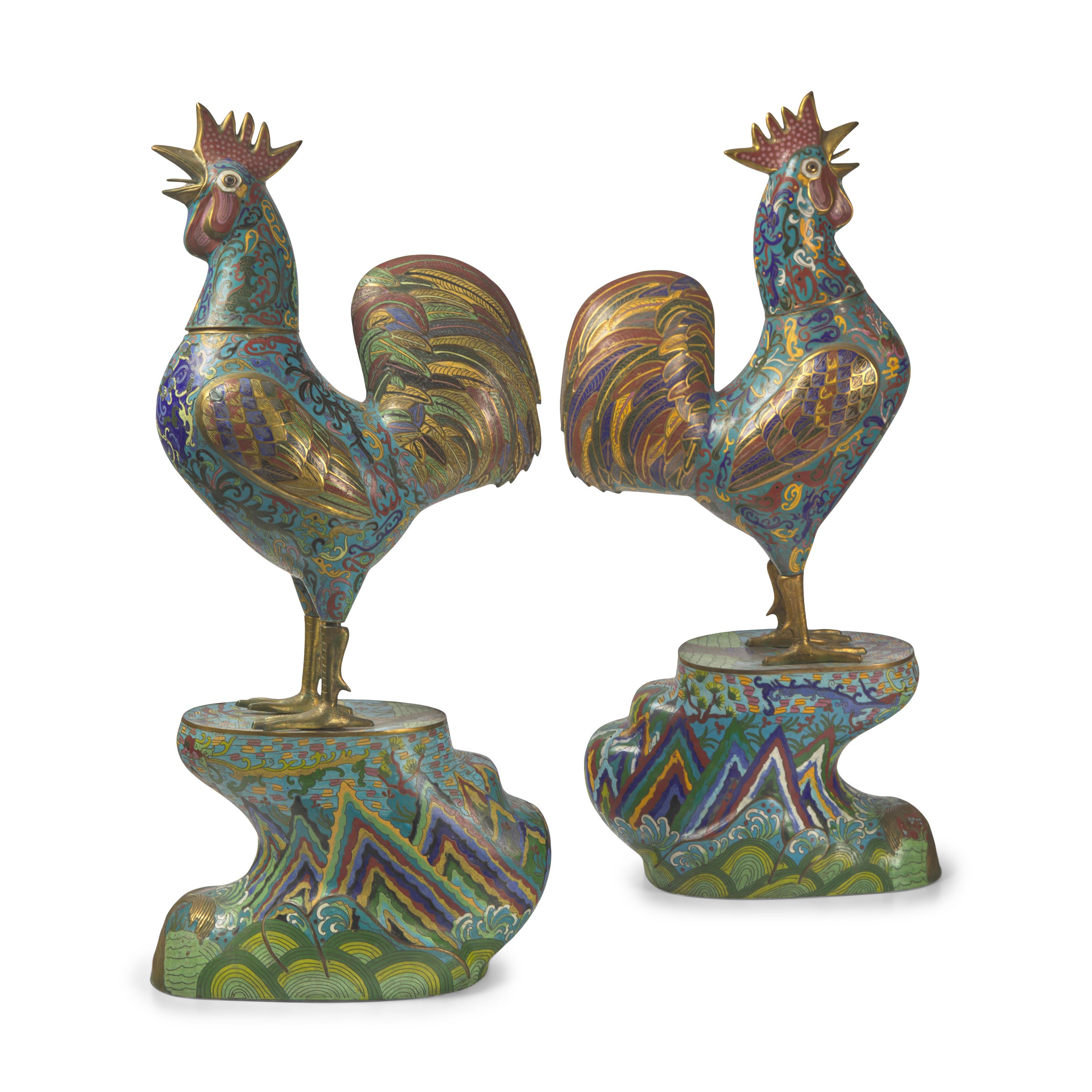 A Pair of Large Chinese Cloisonné Roosters