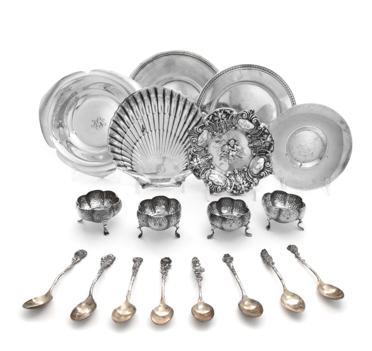 A Collection of American and British Silver Articles, Various Makers, comprising eight demitasse spoons having floral decorated handles