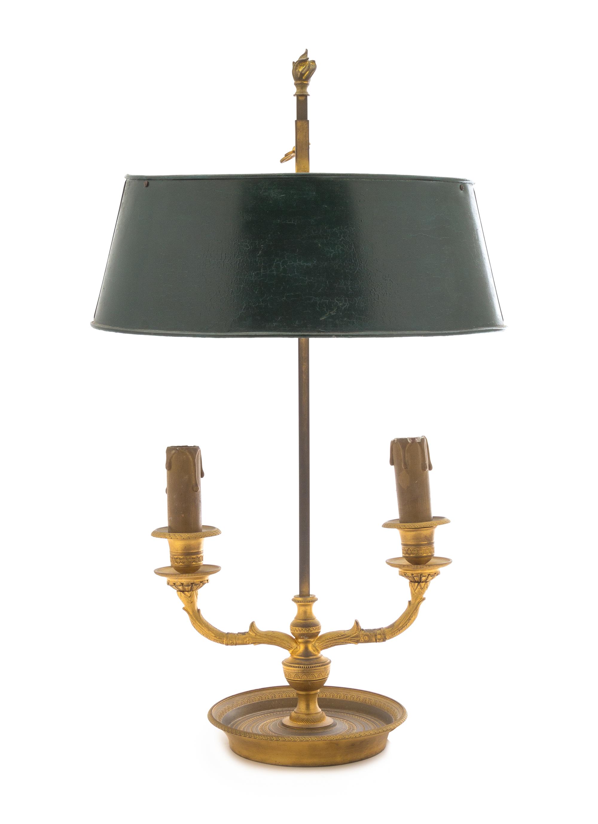 An Empire Style Gilt Bronze Two-Light Bouillotte Lamp Height 19 inches. — 19TH CENTURY
