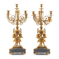 A Pair of Louis XV Style Gilt Bronze and Persian Grey Marble Six-Light Candelabra