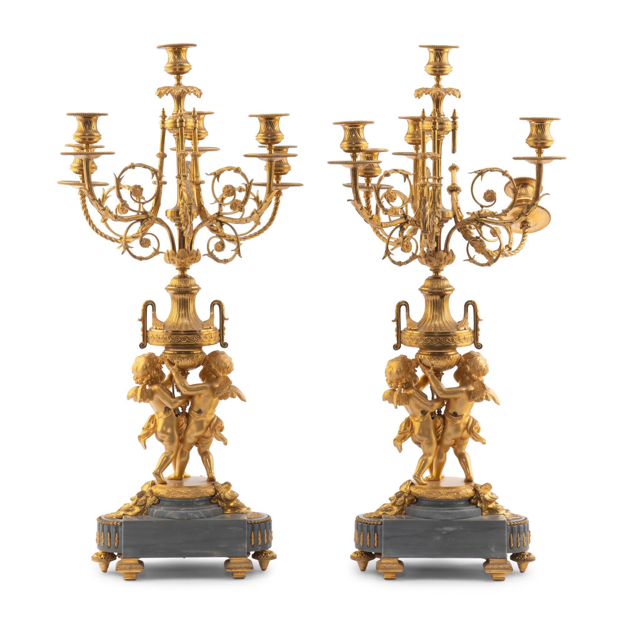 A Pair of Louis XV Style Gilt Bronze and Persian Grey Marble Six-Light Candelabra