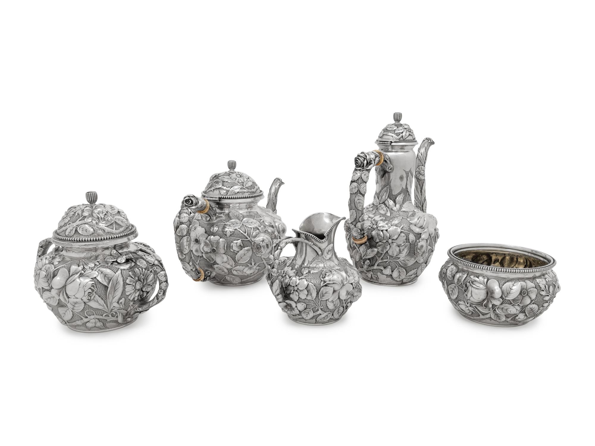 An American Silver Repoussé Five-Piece Tea and Coffee Service