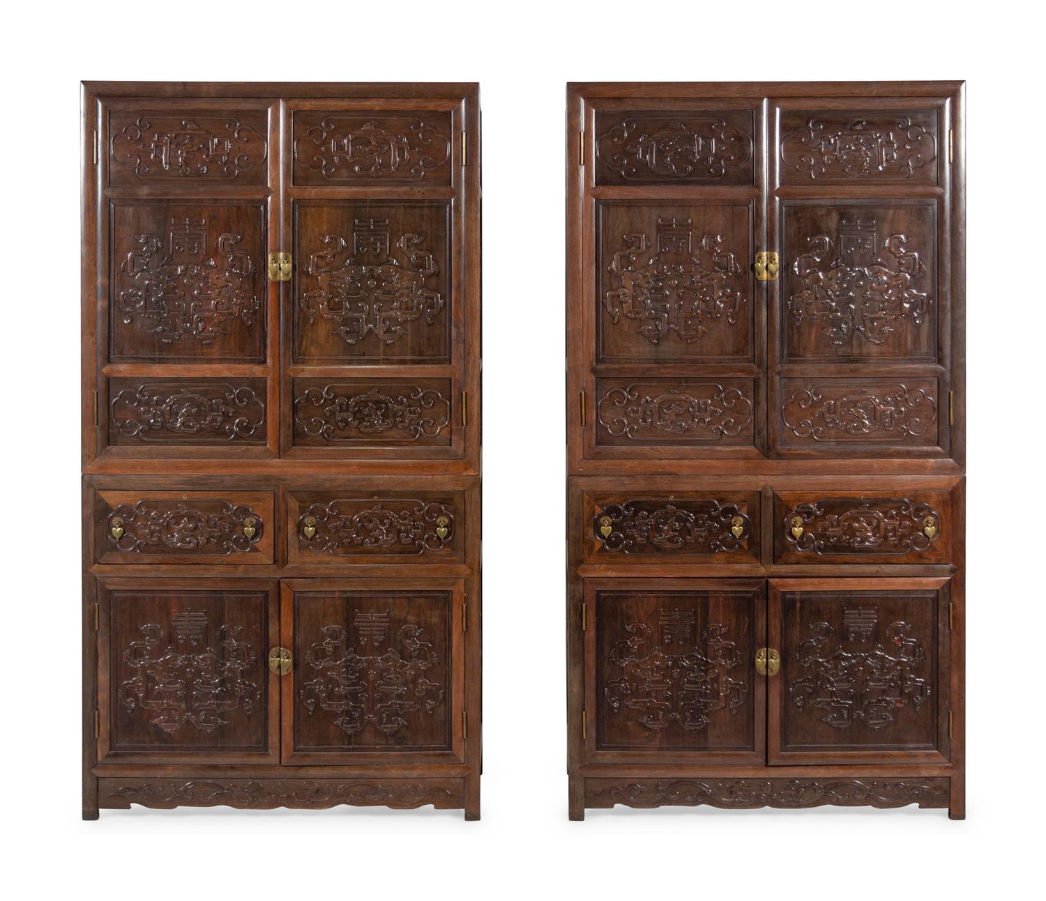 A Pair of Chinese Export Carved Hardwood Cabinets