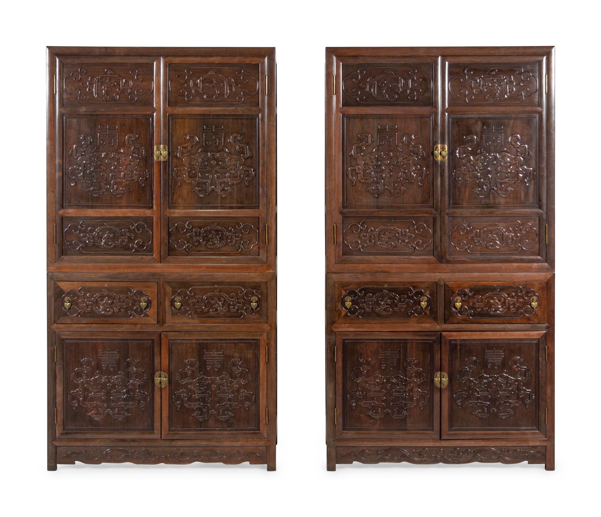 A Pair of Chinese Export Carved Hardwood Cabinets