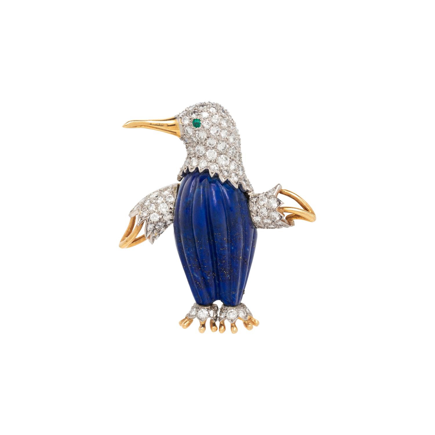 TIFFANY & CO., LAPIS LAZULI, DIAMOND, AND EMERALD PENGUIN BROOCH