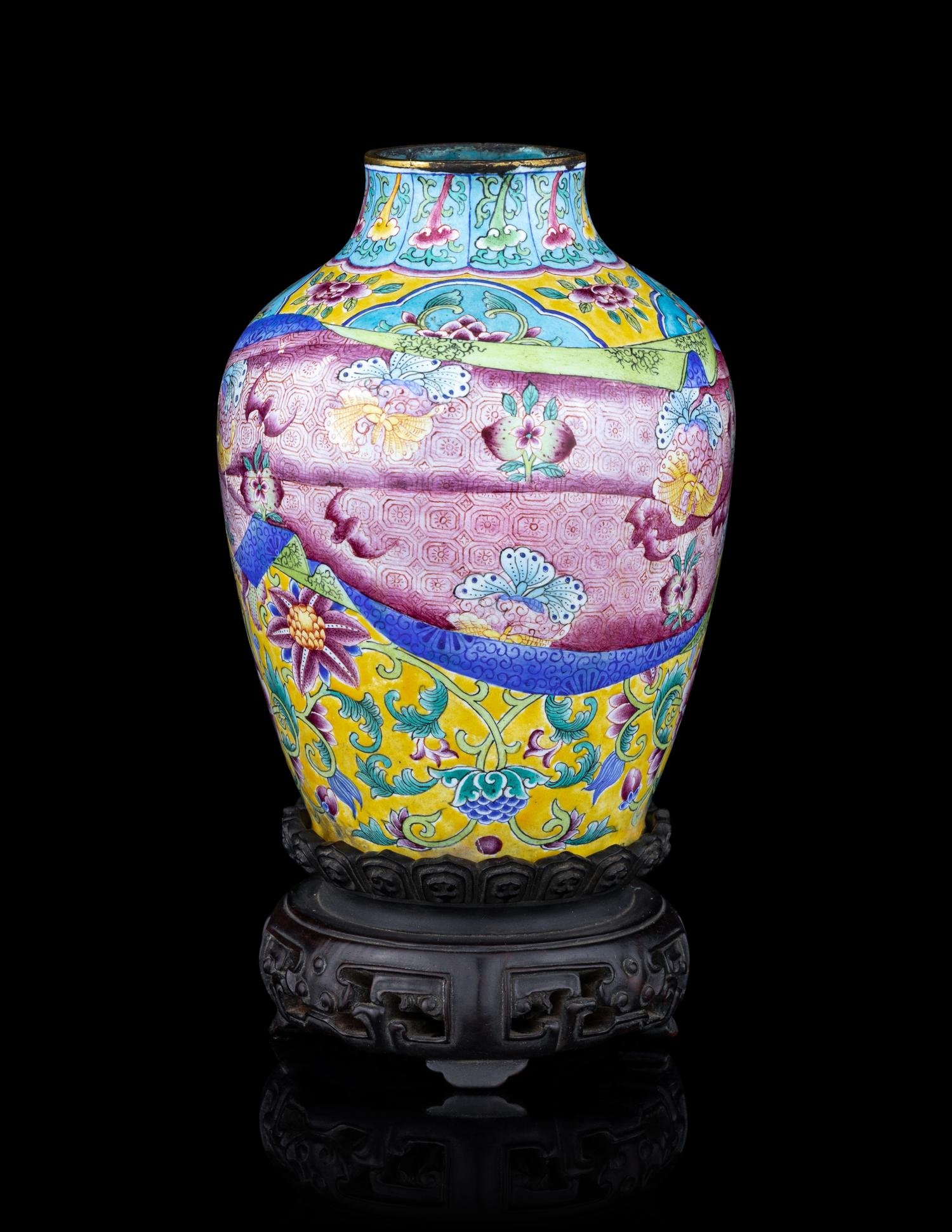 A Famille Rose Painted Enamel on Copper 'Trompe L’oeil' Jar