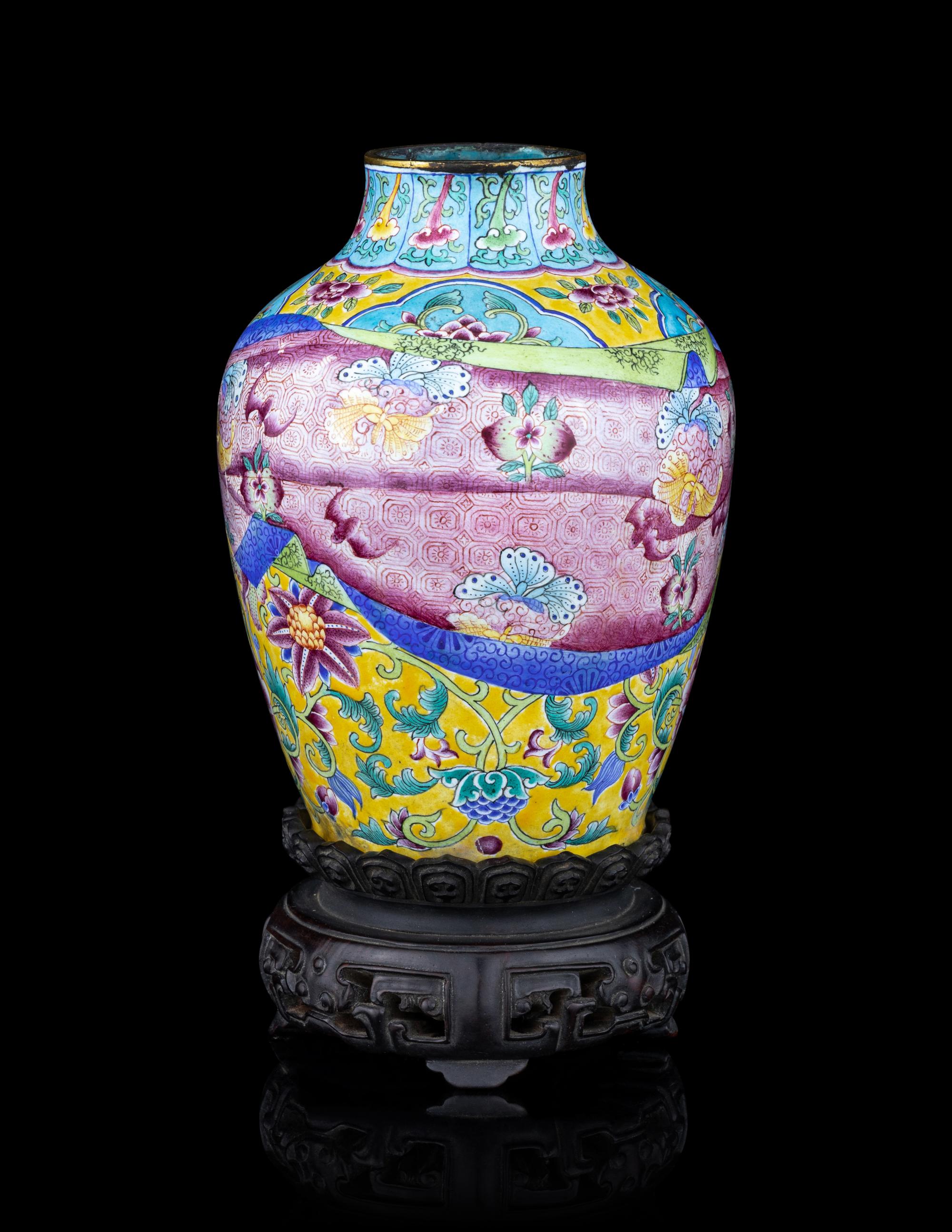 A Famille Rose Painted Enamel on Copper 'Trompe L’oeil' Jar