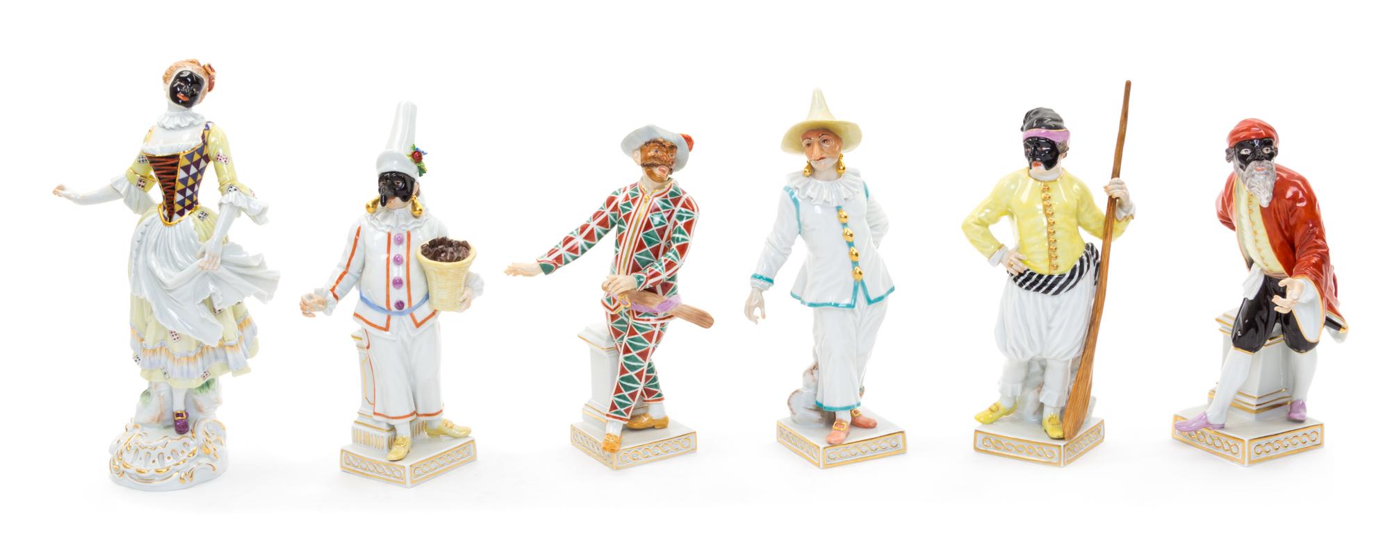 A Group of Six Meissen Porcelain Commedia dell'Arte Figures Height of tallest 8 inches. — 19TH/20TH CENTURY