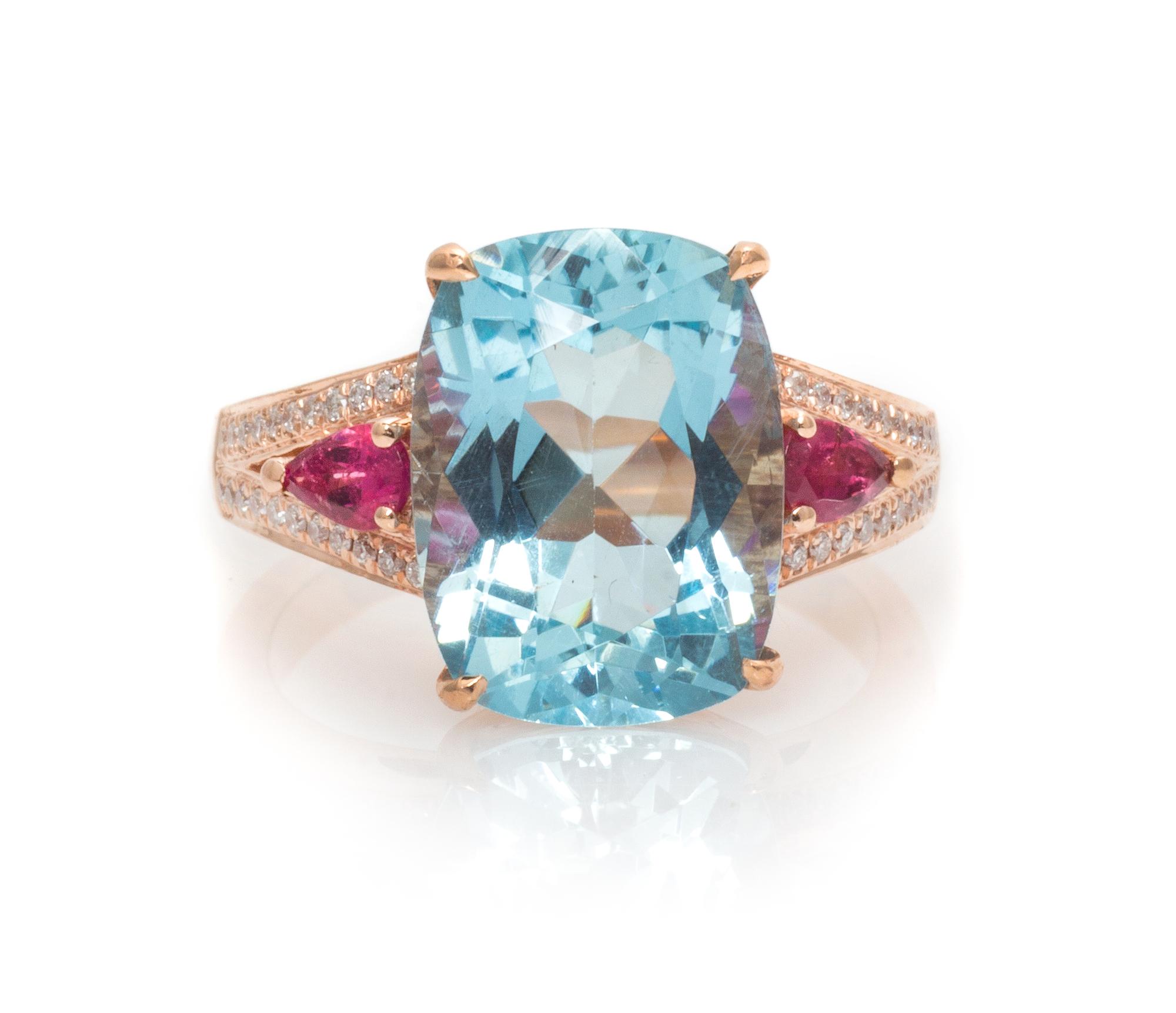 A 14 Karat Rose Gold, Aquamarine, Pink Tourmaline and Diamond Ring, 5.70 dwts.