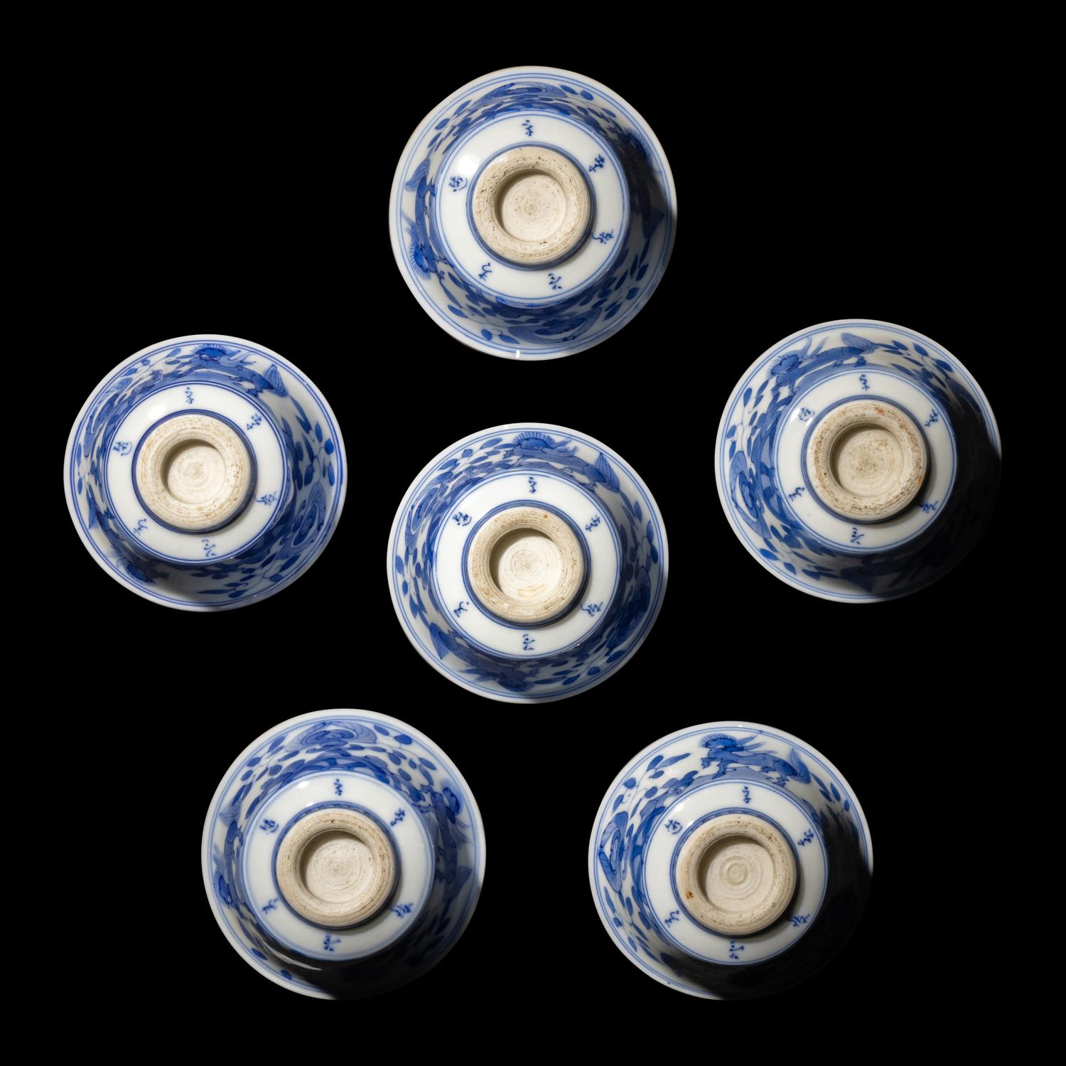 A Set of Six Blue and White 'Qilin' Porcelain Cups 青花麒麟紋杯六隻