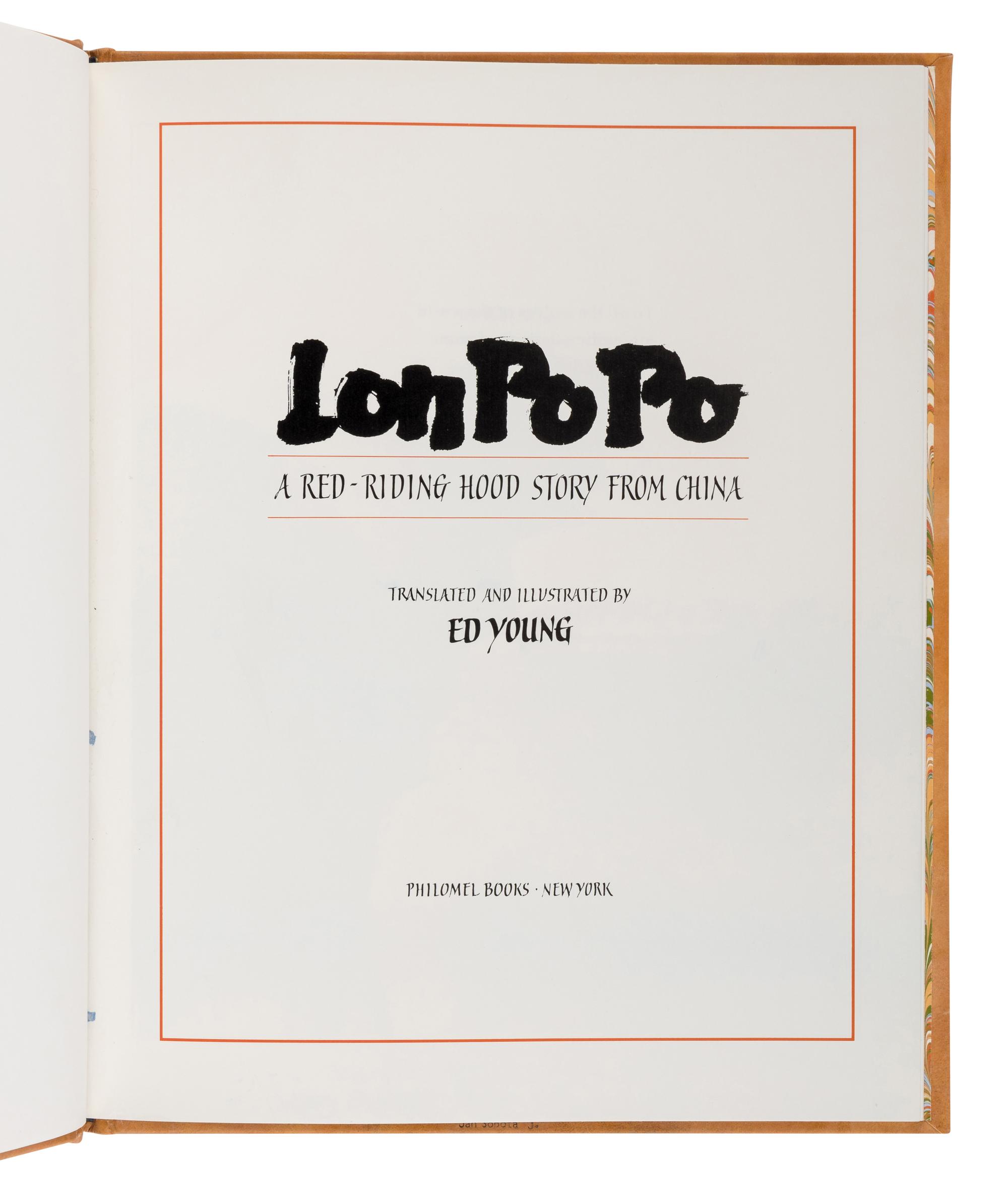 [SOBOTA, Jan (1939-2012), binder]. YOUNG, Ed Tse-chun (b. 1931). Lon Po Po: A Red-Riding Hood Story from China . New York: Philomel books, 1989.