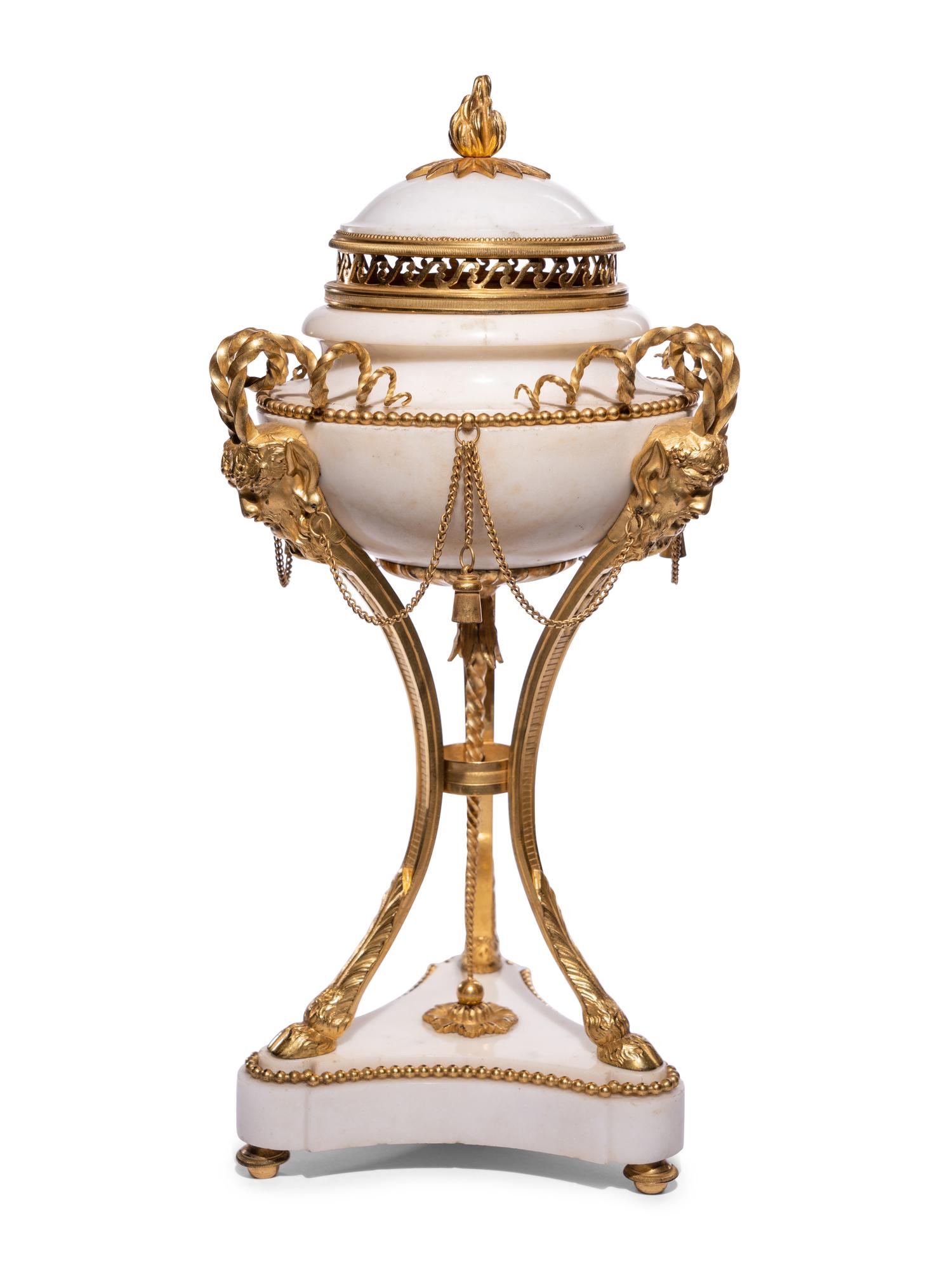 A Pair of Late Louis XVI Gilt Bronze Mounted White Marble Cassolettes
