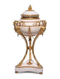 A Pair of Late Louis XVI Gilt Bronze Mounted White Marble Cassolettes