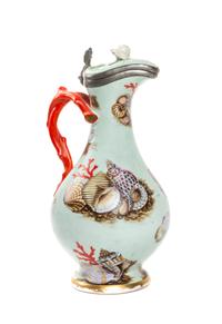 A Continental Pewter Mounted Porcelain Ewer, Height 13 1/2 inches.