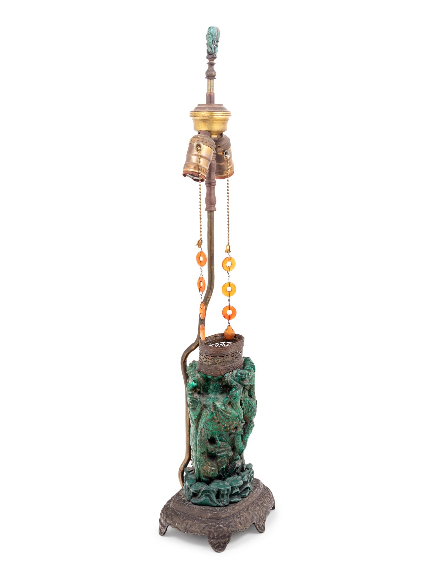 A Chinese Carved Malachite Vase and Cover Mounted as a Lamp