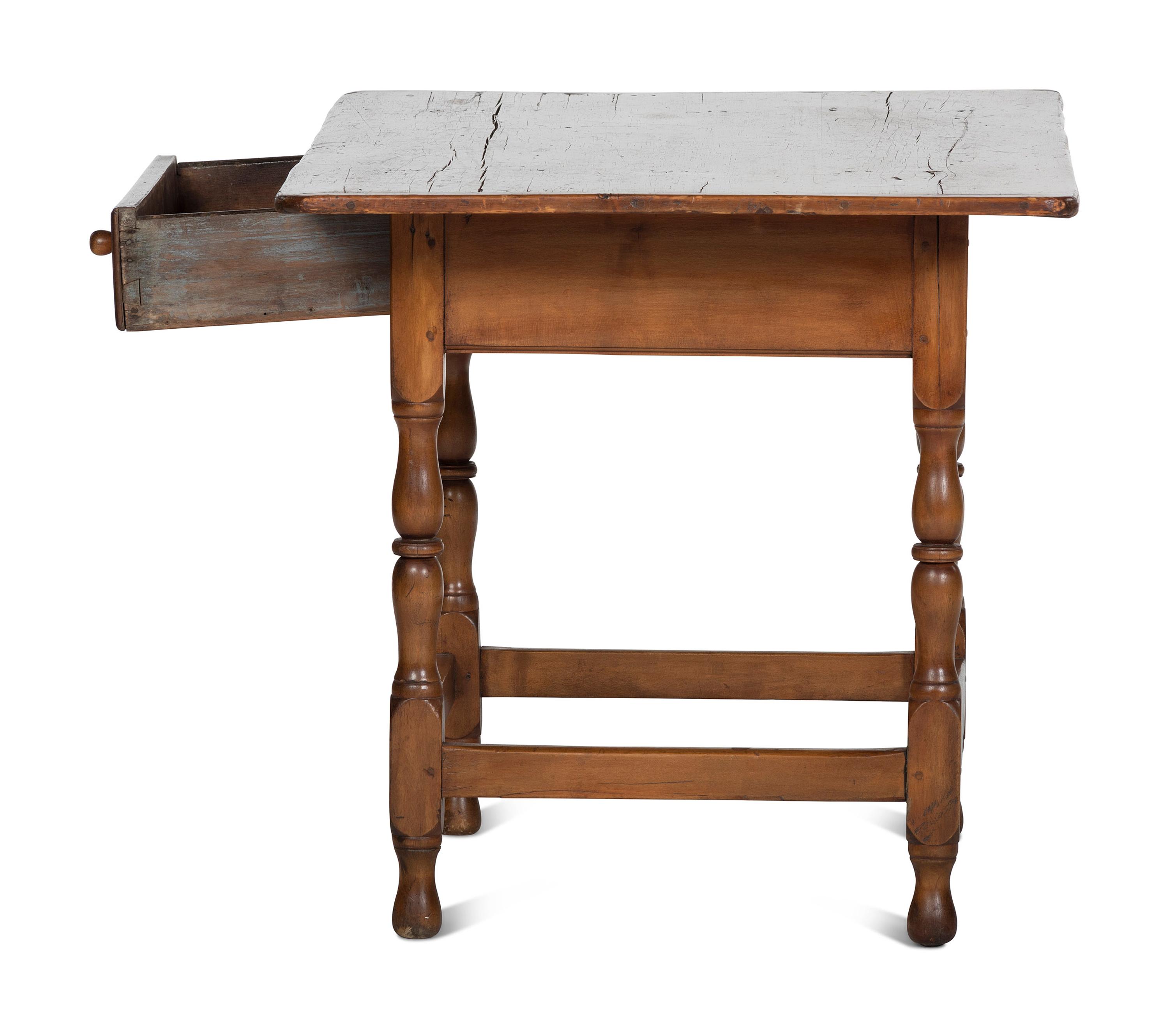 A William and Mary Pine and Maple One-Drawer Stretcher-Base Tavern Table