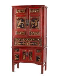 A Chinese Red Lacquer and Parcel Gilt Two-Part Cabinet