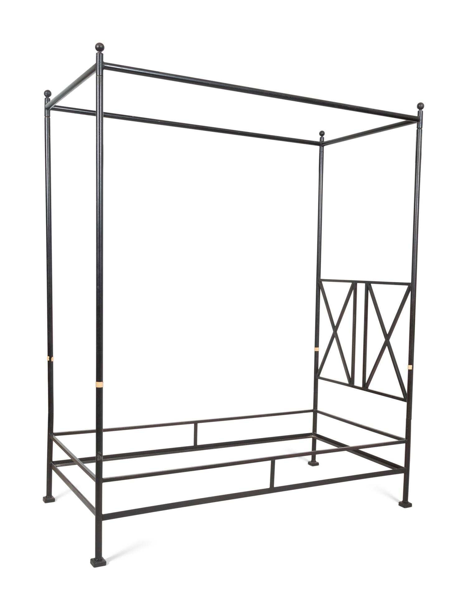 A Pair of Bronzed Metal Twin Four Poster Beds with Bed Hangings