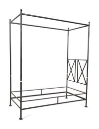 A Pair of Bronzed Metal Twin Four Poster Beds with Bed Hangings