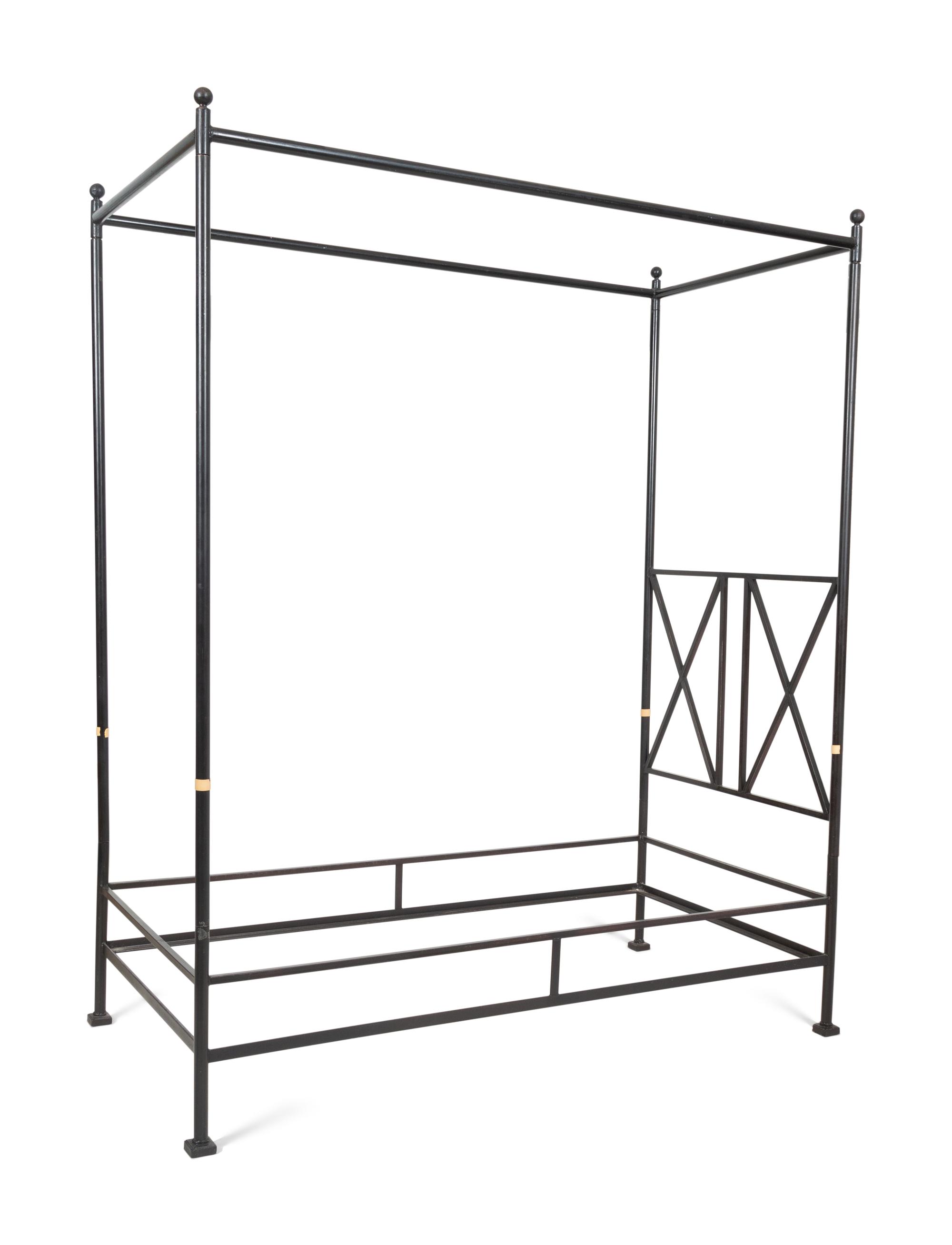 A Pair of Bronzed Metal Twin Four Poster Beds with Bed Hangings