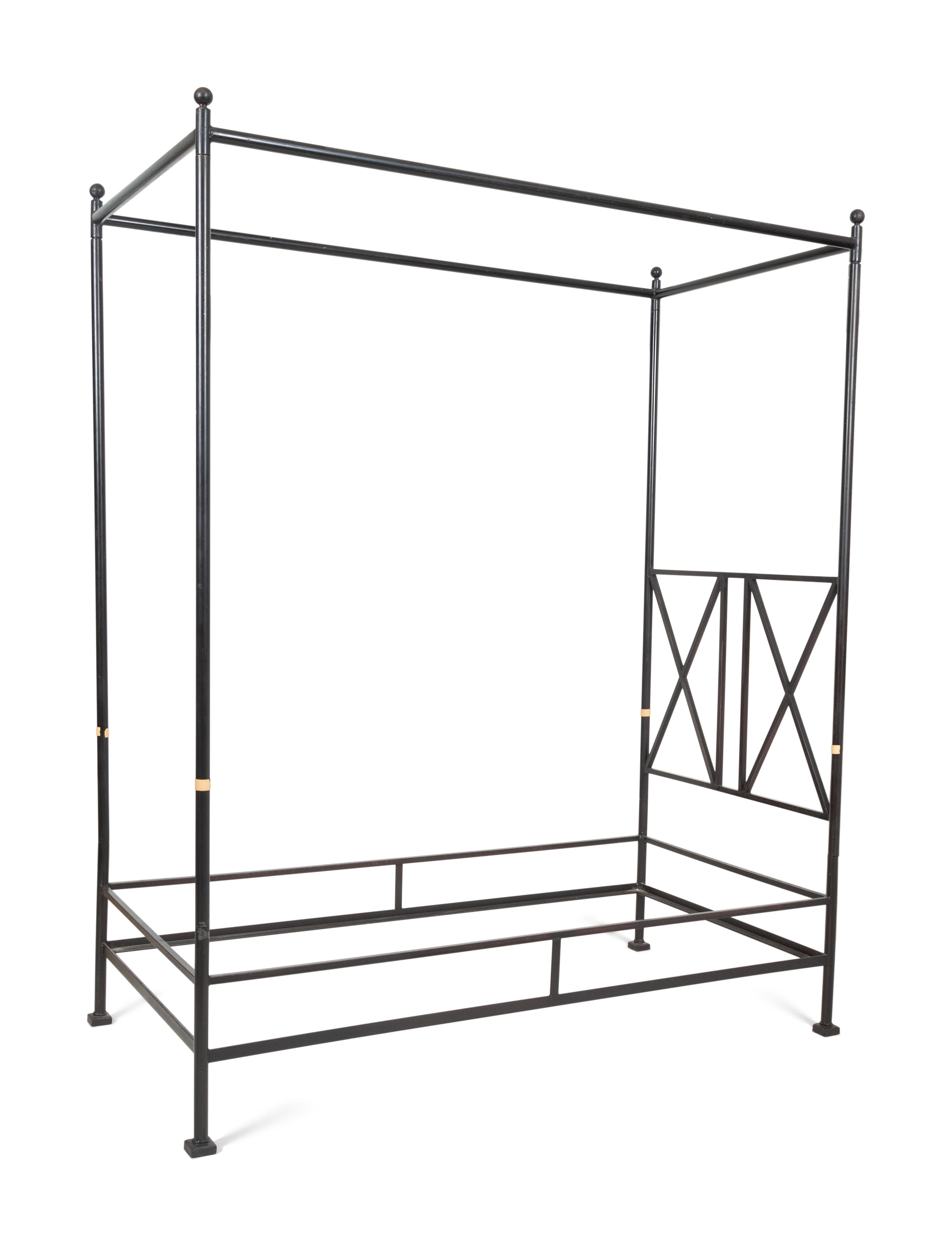 A Pair of Bronzed Metal Twin Four Poster Beds with Bed Hangings