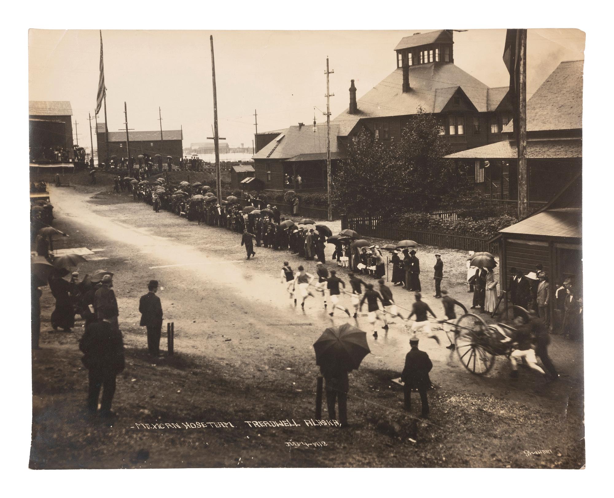 Alaska A group of 3 photographs of Alaska scenes incl. the finish line of the 6th Annual All Alaska Sweep Stakes in Nome. 1910s.