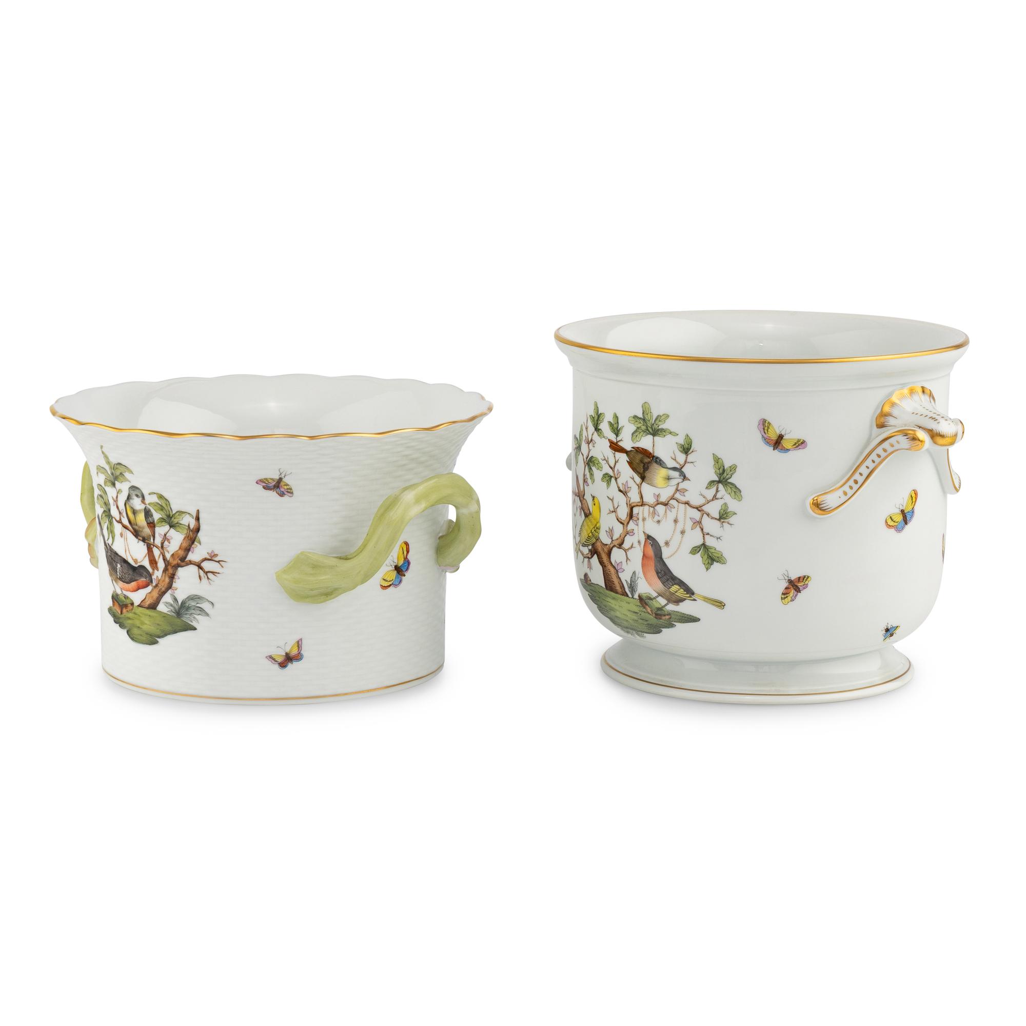 Two Herend Rothschild Bird Porcelain Cache Pots