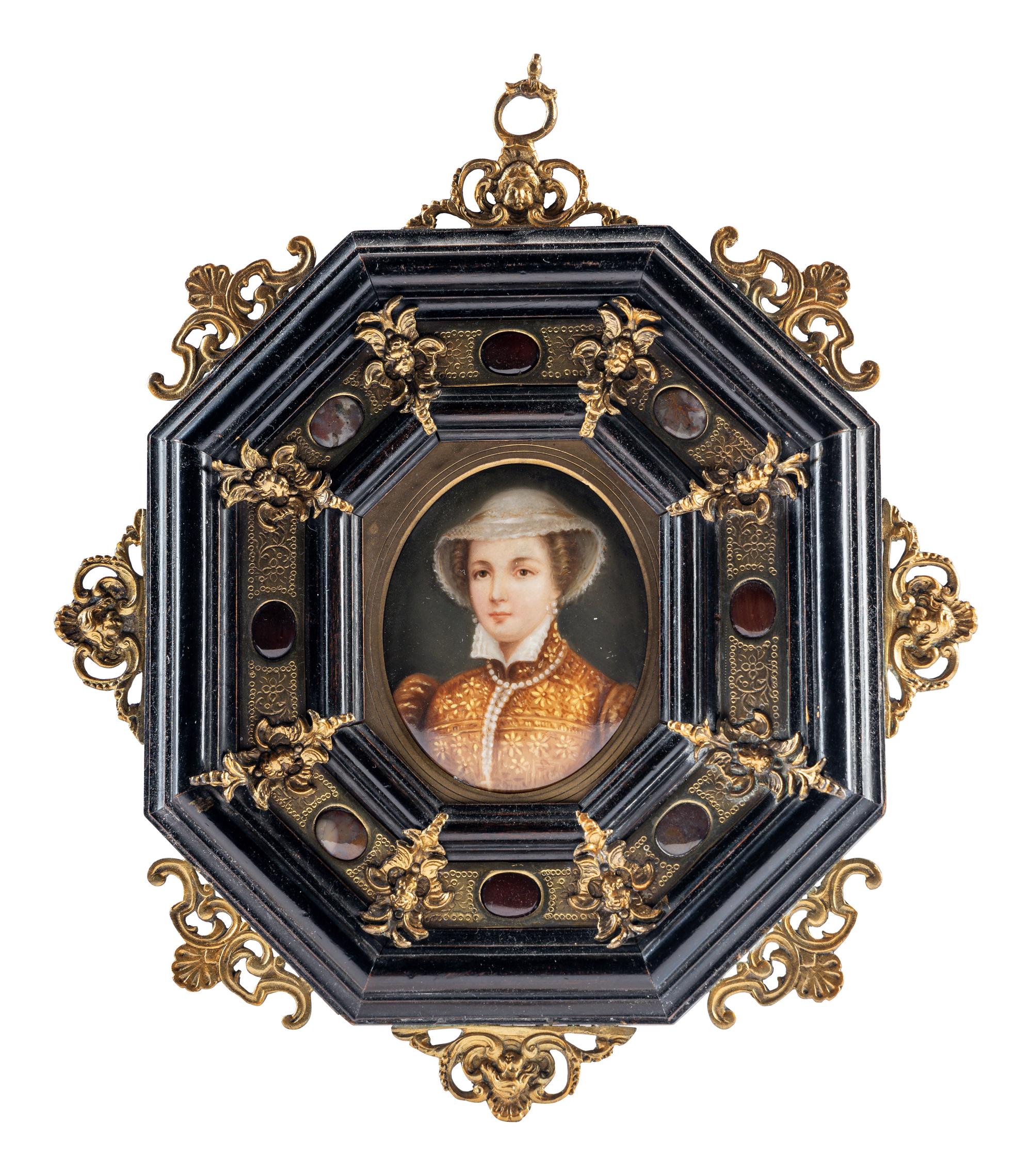 An Italian Renaissance Revival Ebonized Fruitwood, Gilt Metal and Cabochon Stone-Inset Picture Frame