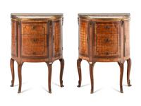A Pair of Louis XV/XVI Transitional Style Parquetry Marble-Top Side Cabinets