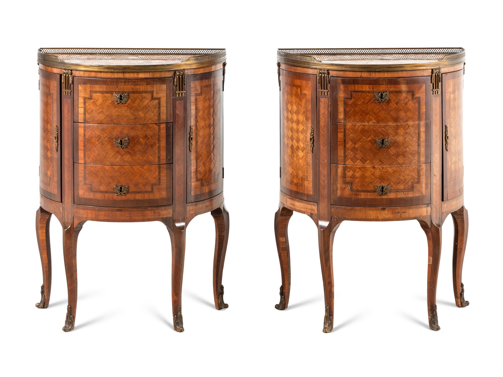 A Pair of Louis XV/XVI Transitional Style Parquetry Marble-Top Side Cabinets