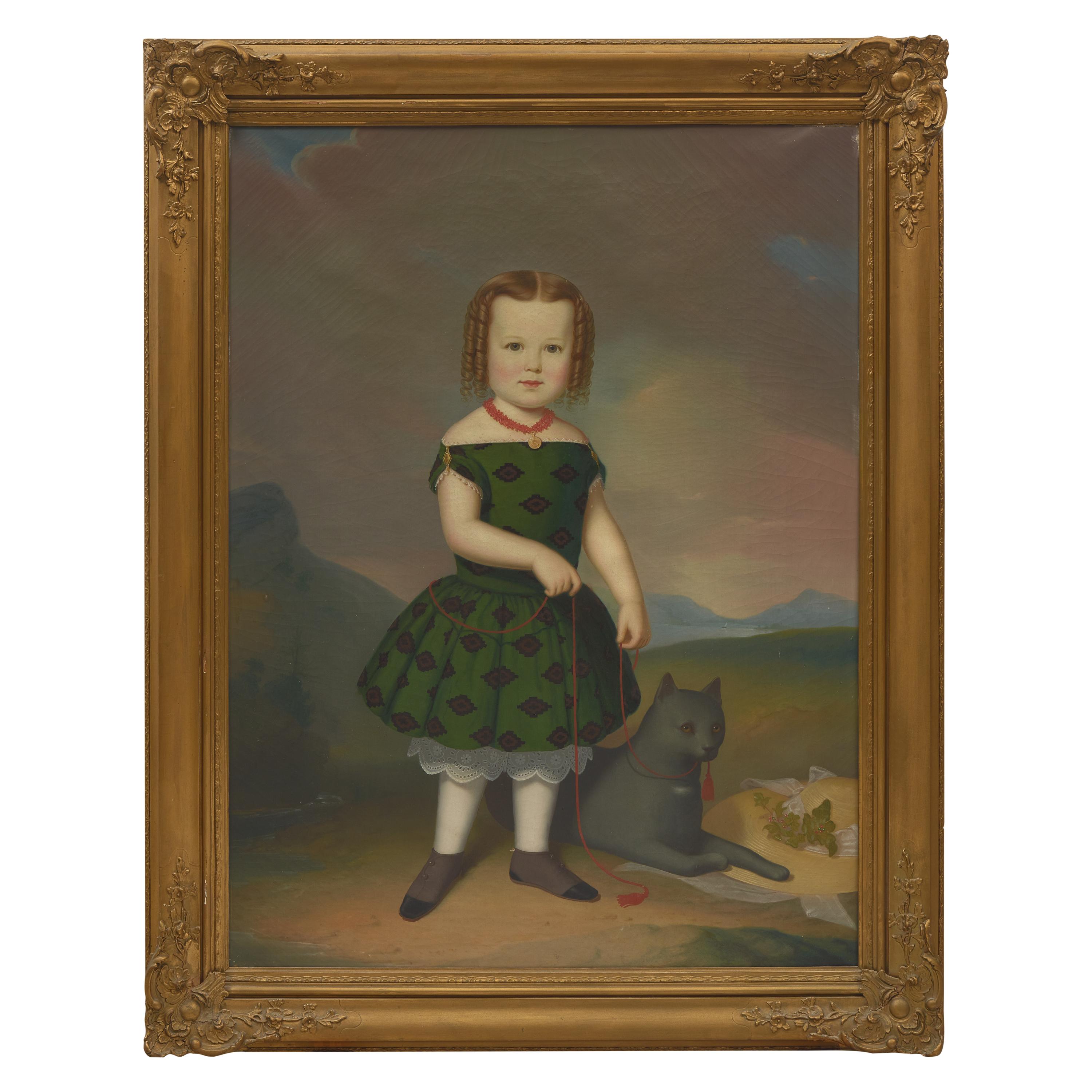 Manner of Samuel F. DuBois (Pennsylvania, 1808-1889) — Portrait of Ms. Isabelle Williams Rufe (Tinicum, Bucks County, Pennsylvania, 1839-1930) and her cat, Circa 1840