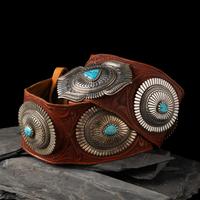 Thomas Curtis (Diné, 1942-2013 — Large Sterling Silver and Turquoise Concha Belt, with Tooled Leather Strap
