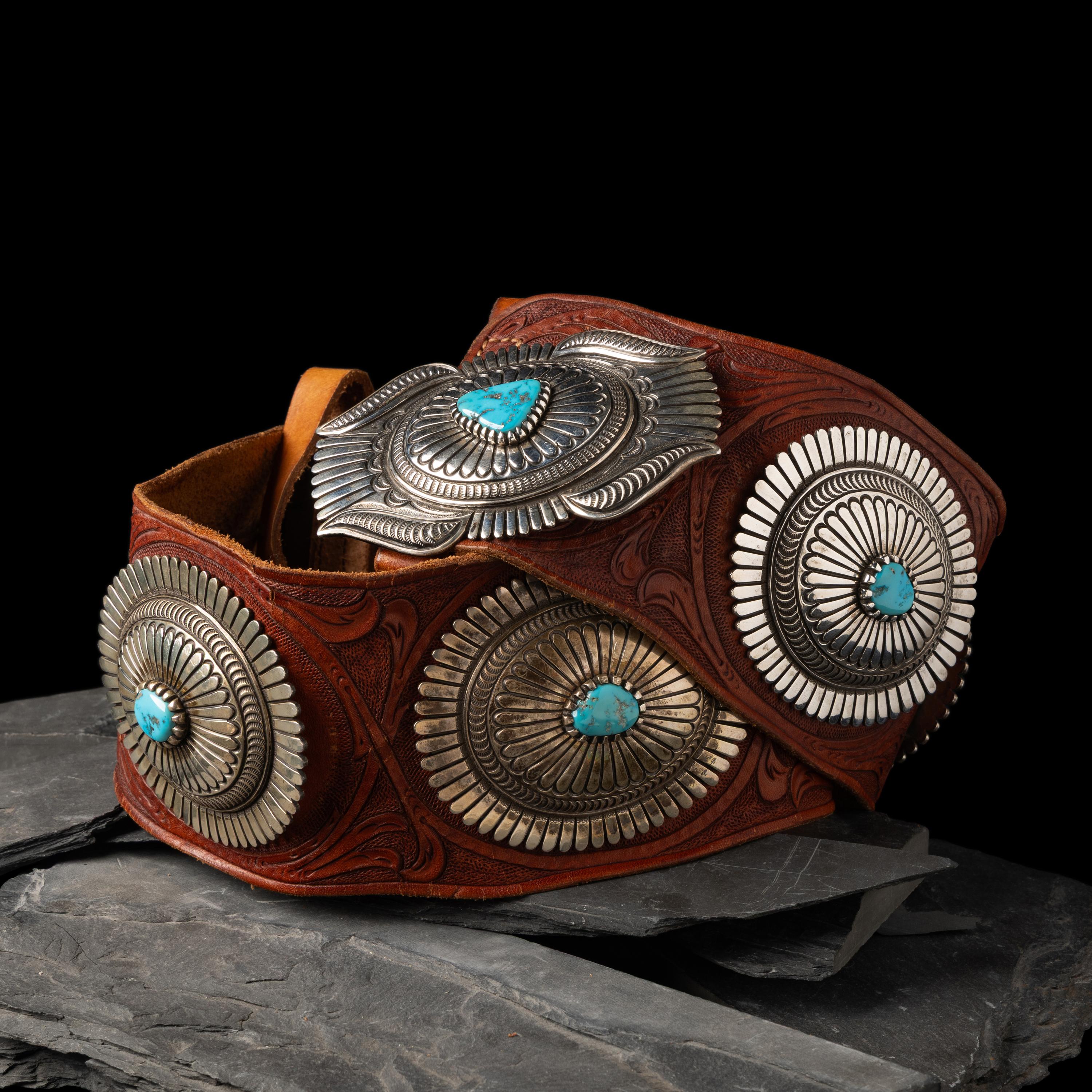 Thomas Curtis (Diné, 1942-2013 — Large Sterling Silver and Turquoise Concha Belt, with Tooled Leather Strap