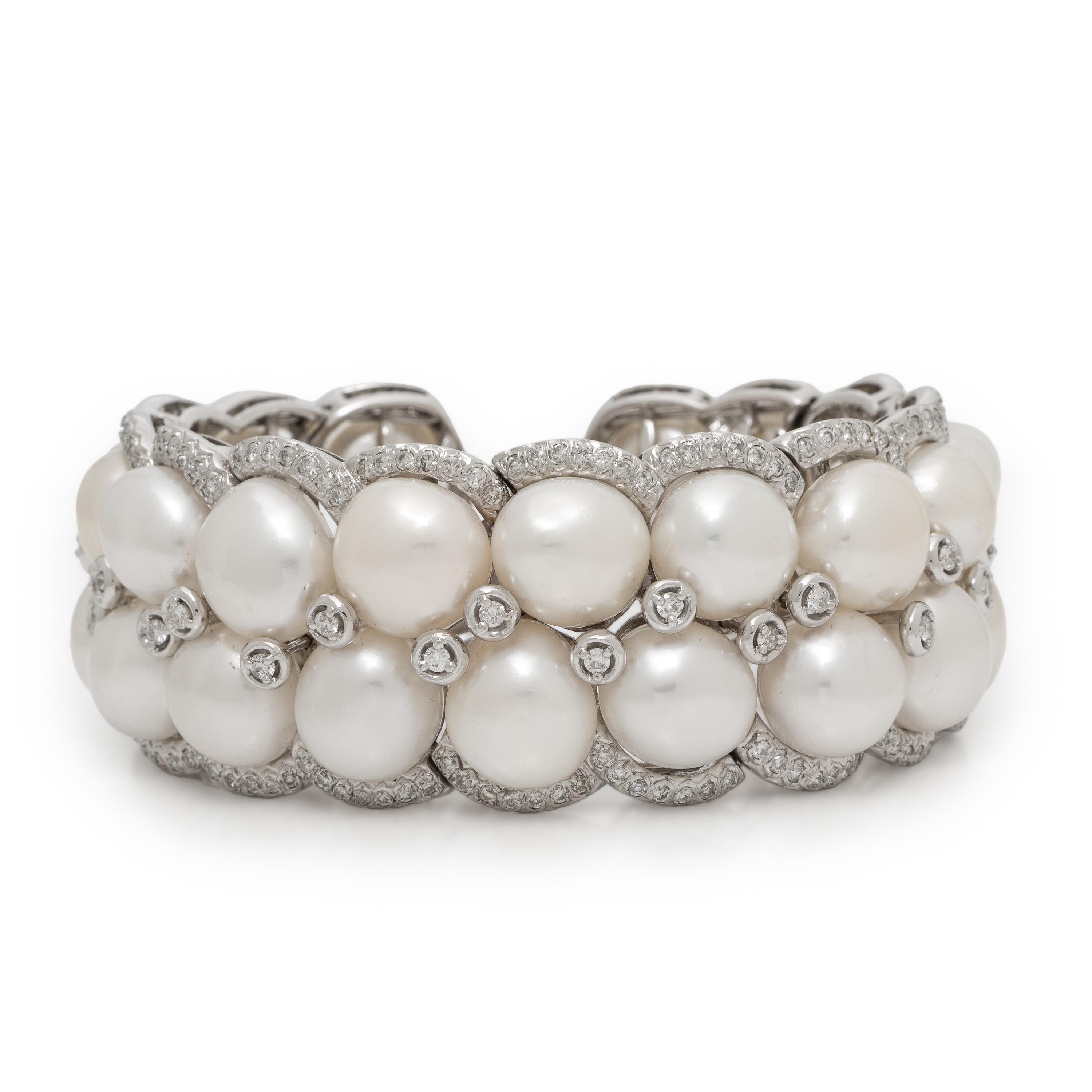 Cultured Pearl, Diamond, and White Gold Cuff Bracelet