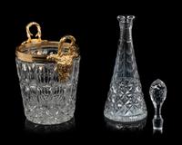 A French Gilt Metal Mounted Cut Glass Wine Cooler and a Similar Decanter