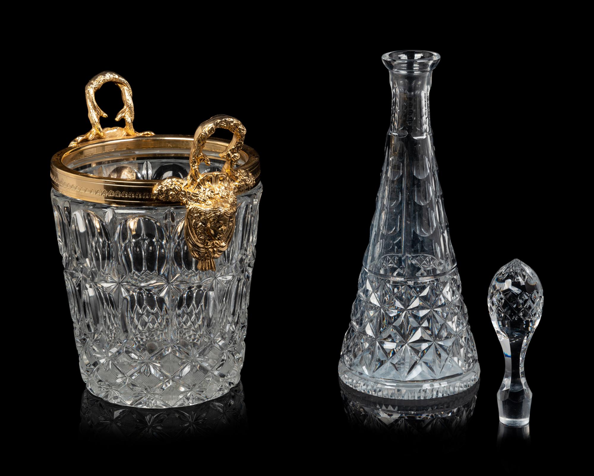 A French Gilt Metal Mounted Cut Glass Wine Cooler and a Similar Decanter