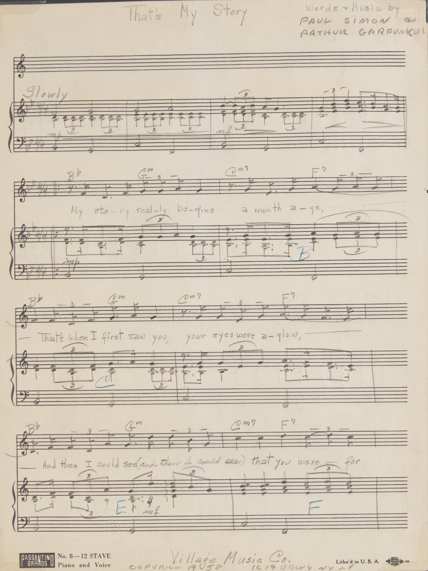 [Music] [Simon & Garfunkel] Original Holographic Sheet Music for "That's My Story" and "True or False"