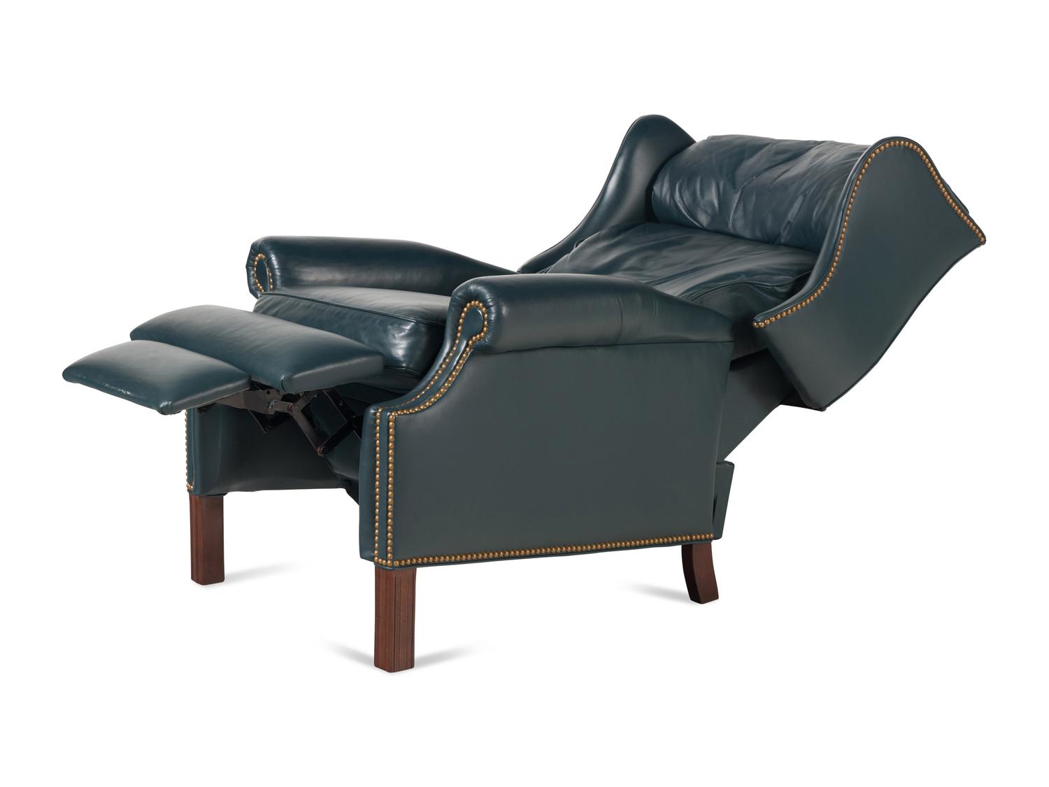 A Pair of George III Style Mahogany and Leather Upholstered Reclining Wingback Chairs
