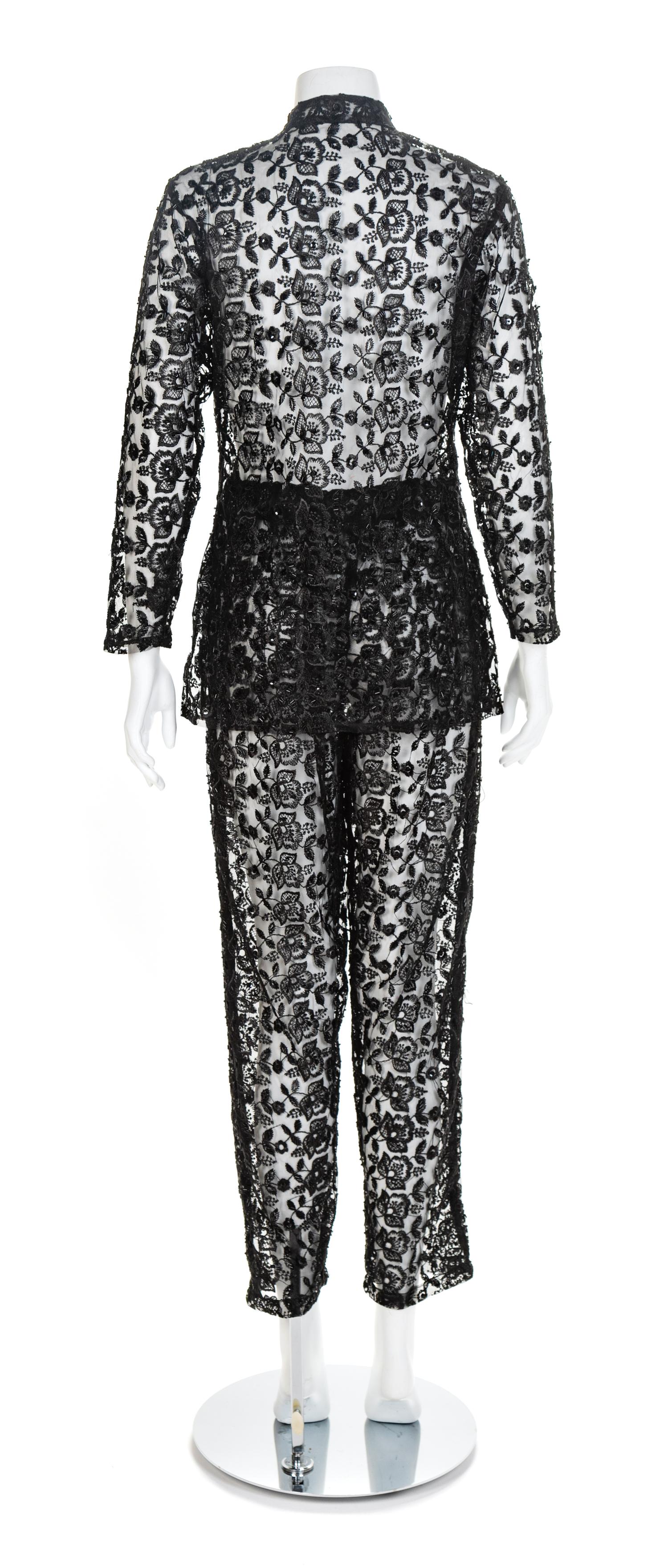 Black Net Embroidered Two Piece Pant Ensemble, 1960-70s