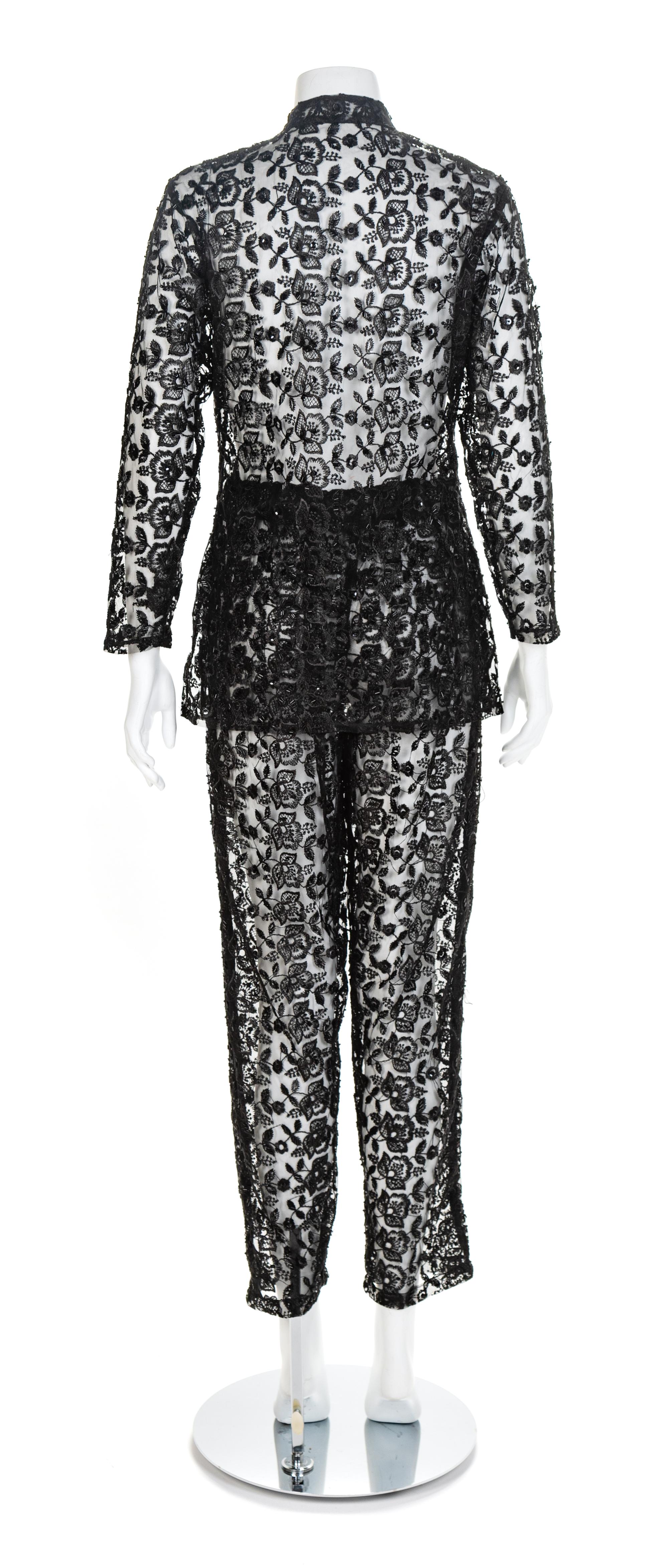 Black Net Embroidered Two Piece Pant Ensemble, 1960-70s