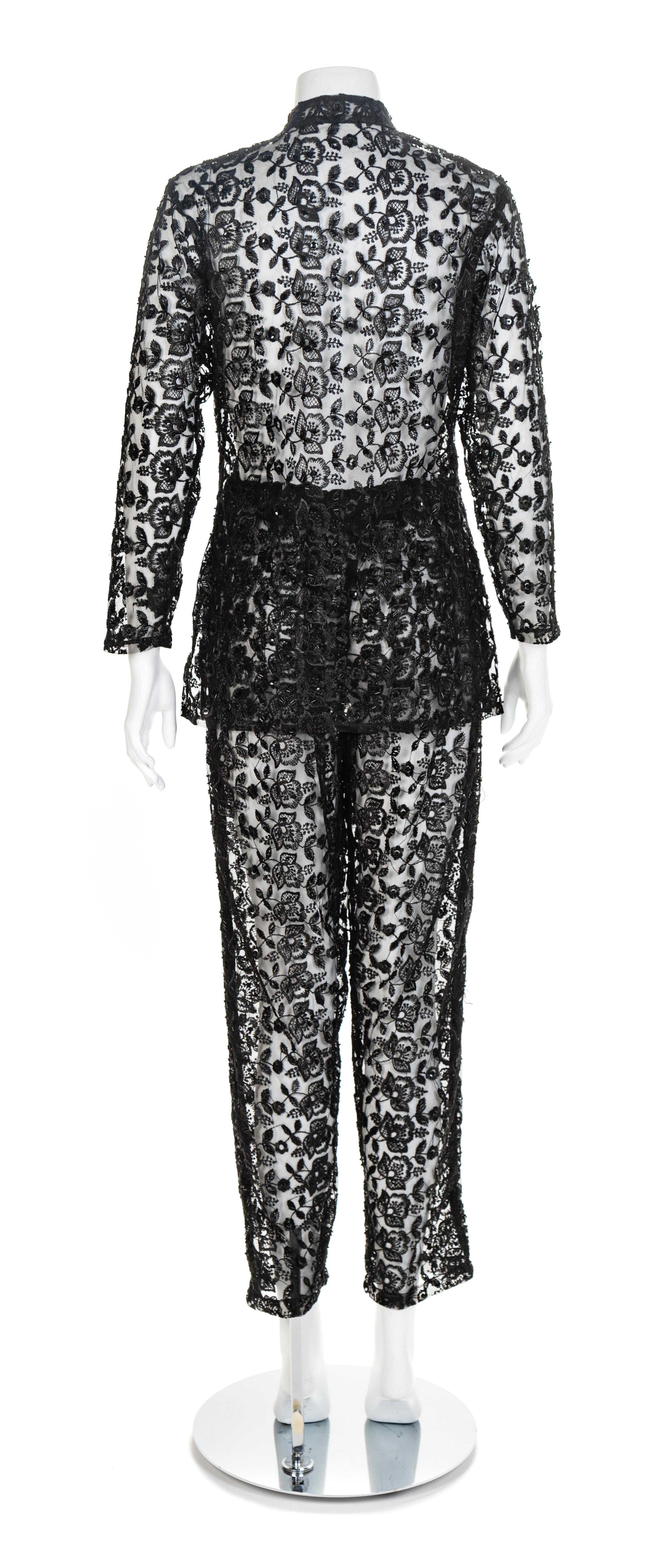 Black Net Embroidered Two Piece Pant Ensemble, 1960-70s