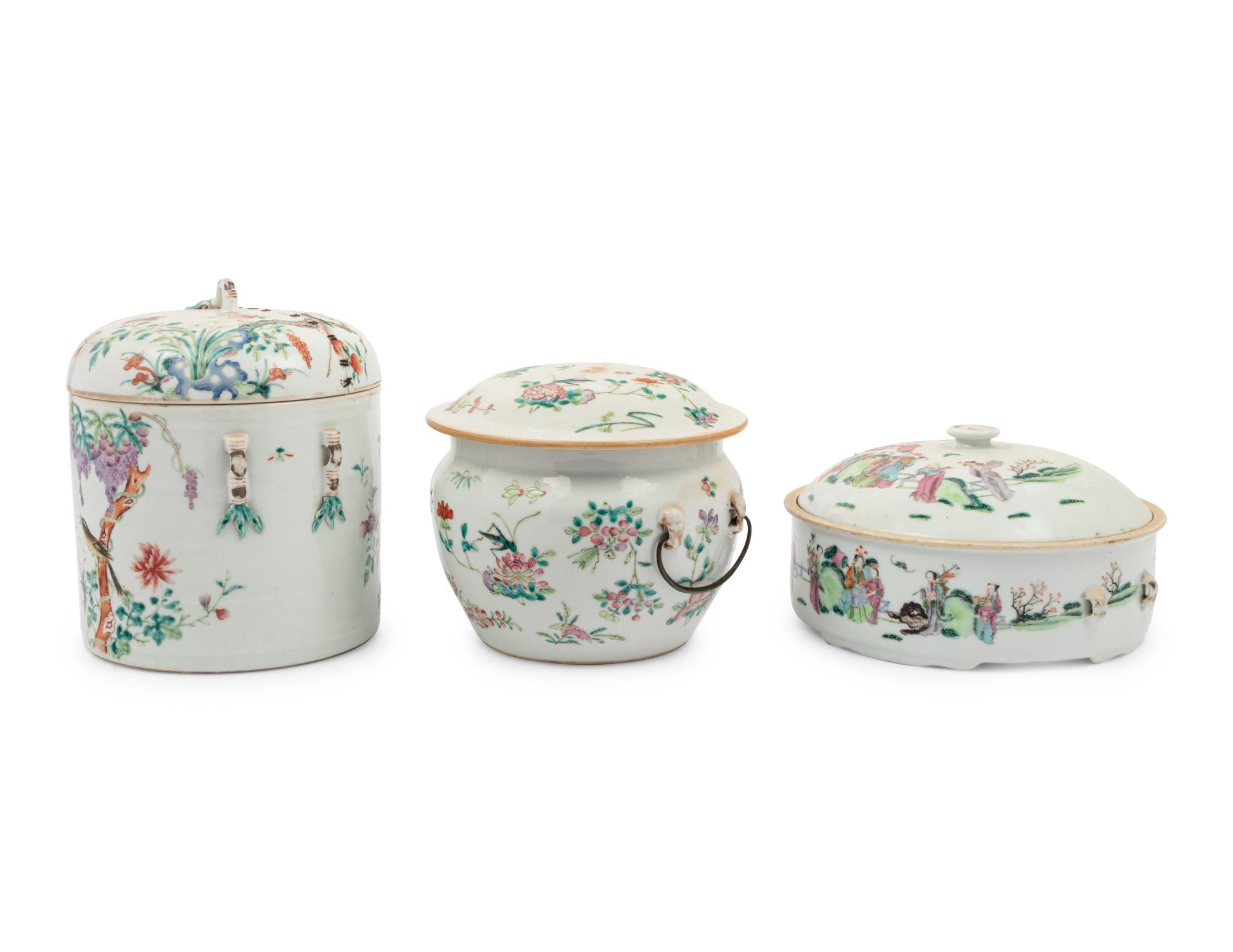 Three Chinese Famille Rose Covered Vessels
