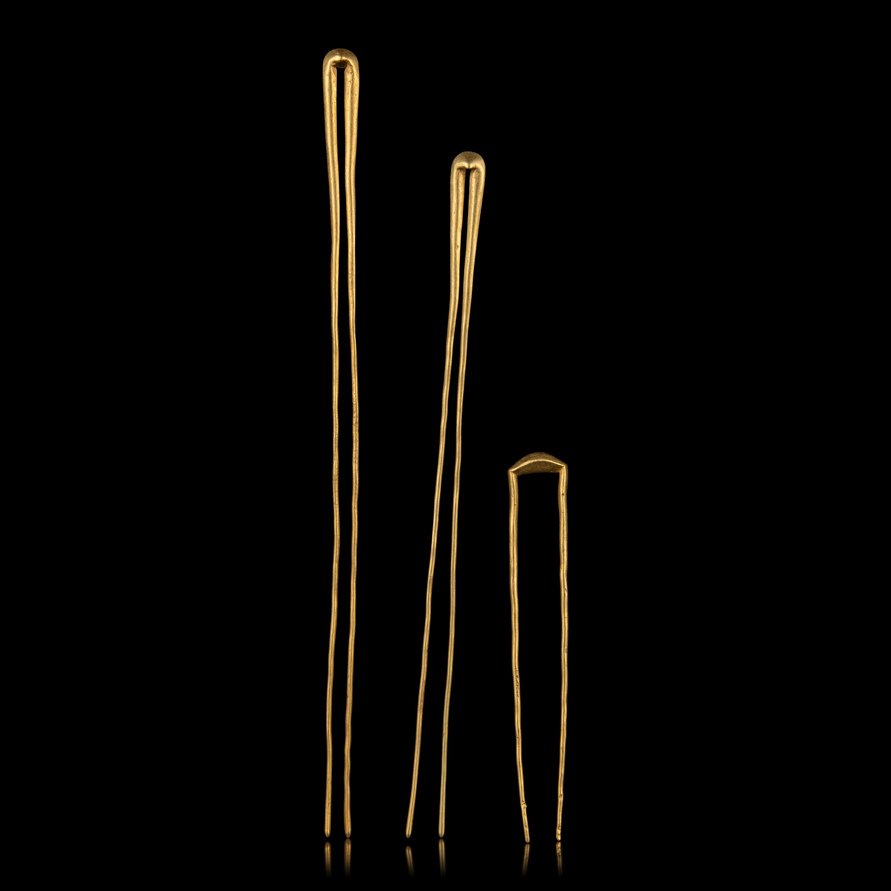 Three Chinese Gold Hairpins, Chai , Han-Tang Dynasty 西漢-唐 金钗三只