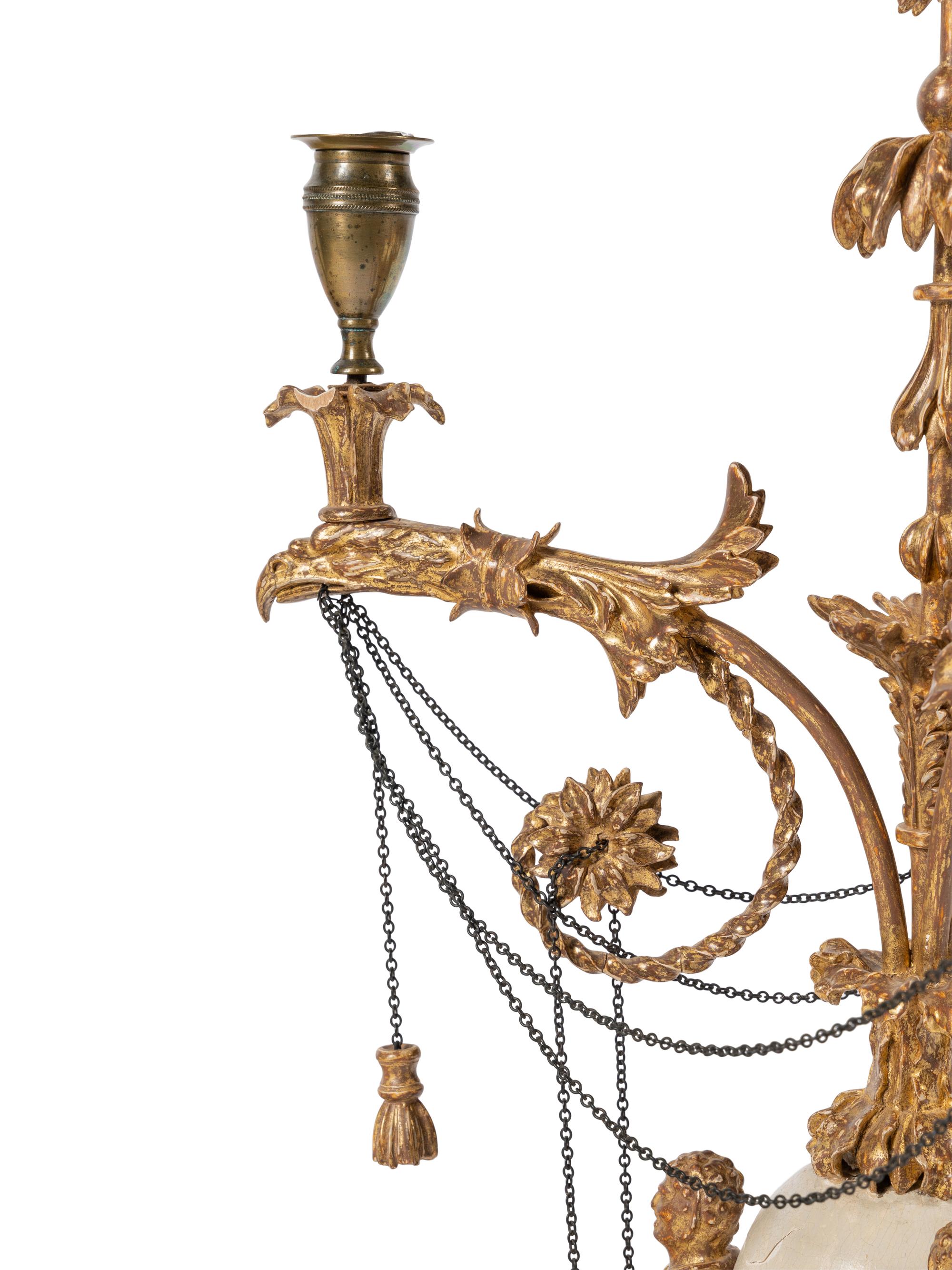 A Pair of Late George III 'Ostrich Egg' and Giltwood Three-Light Candelabra