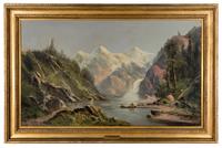 Indians Canoeing on a Mountain Lake