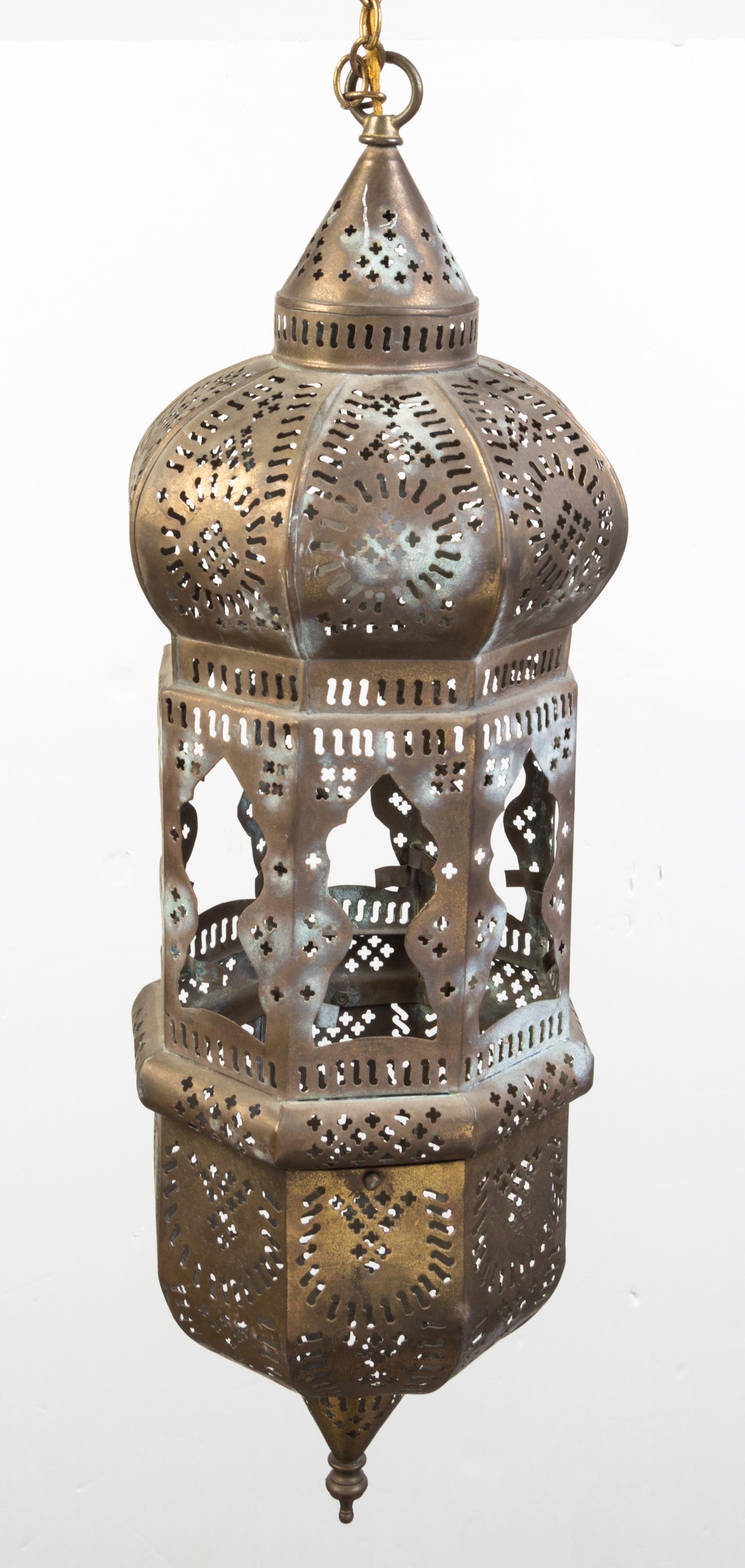 A Moroccan Style Brass Lantern Height 26 inches.
