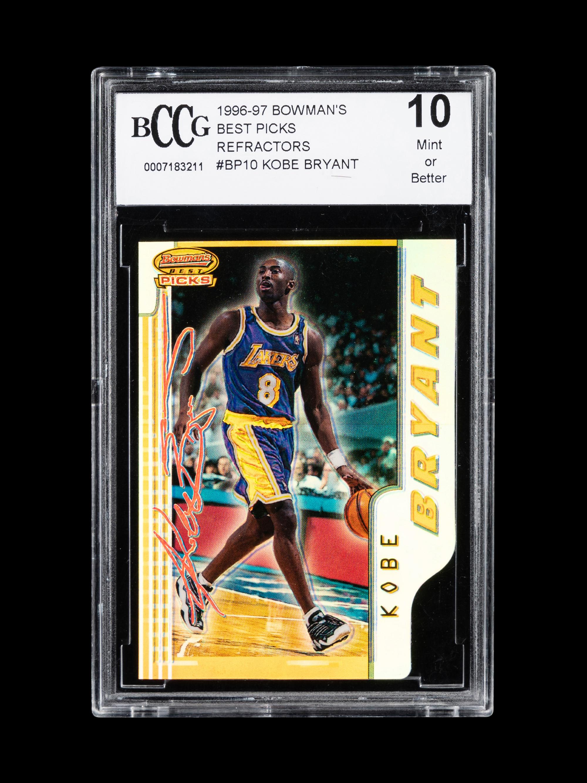 A 1996-97 Bowman’s Best Picks Refractor Kobe Bryant Rookie Basketball Card No. BP10 (BCCG 10 MINT)