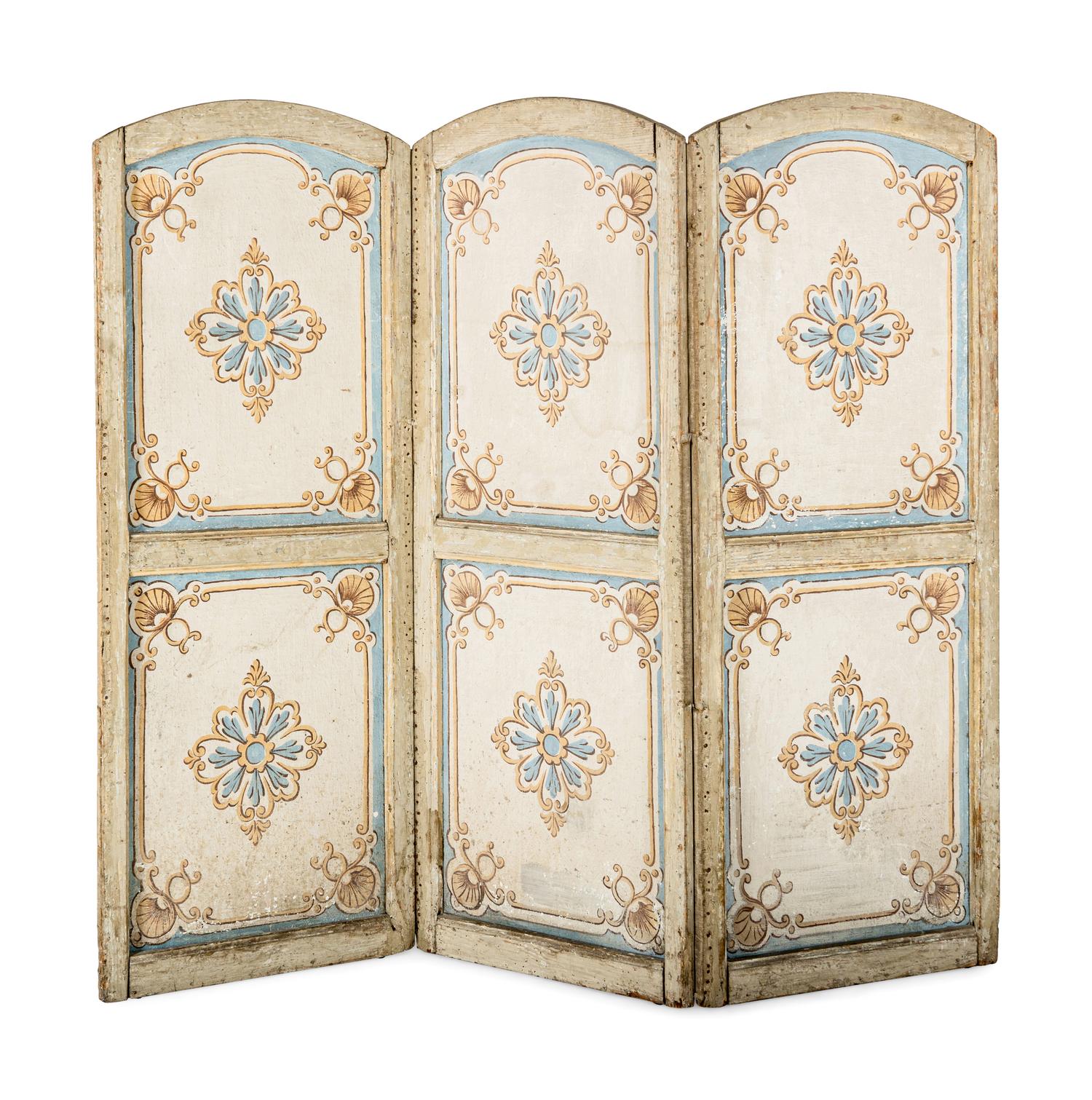 A Louis XV Painted Canvas Five-Panel Floor Screen