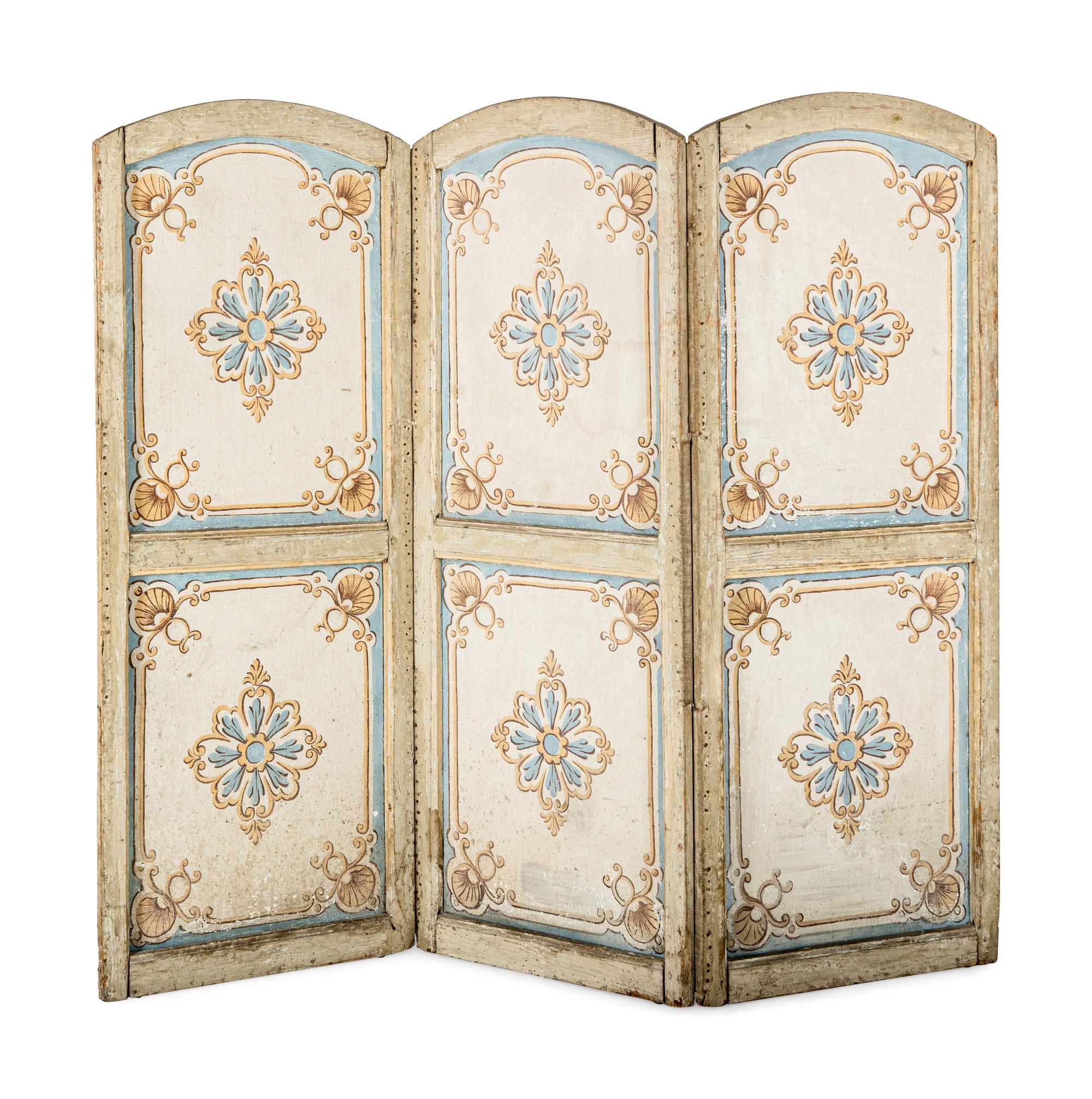 A Louis XV Painted Canvas Five-Panel Floor Screen